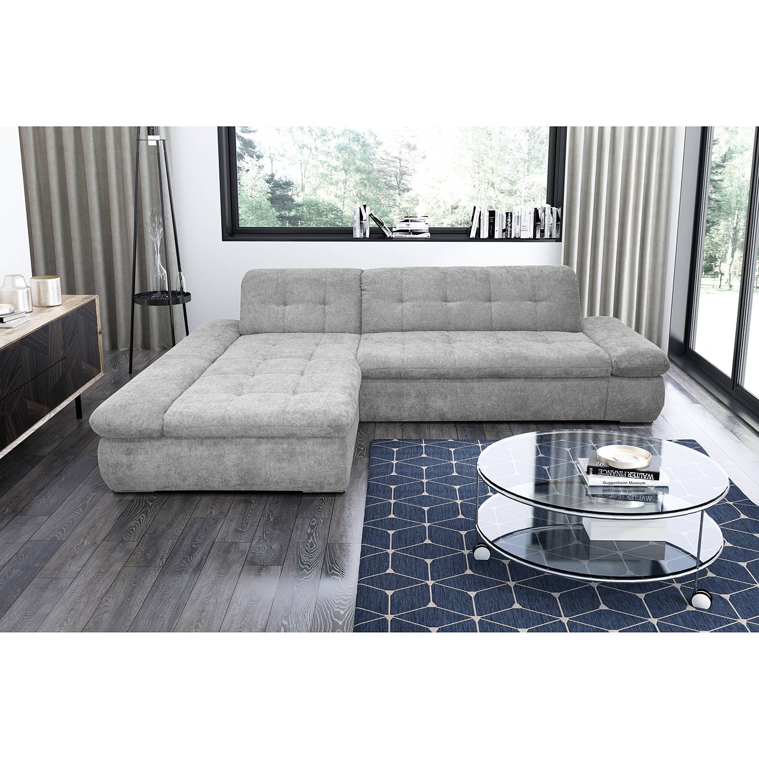 home24 loftscape Ecksofa Lemley Platin Webstoff 300x80x172 cm mit Schlaffunktion