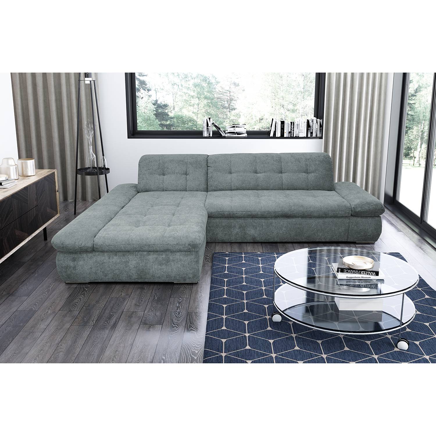 home24 loftscape Ecksofa Lemley Blaugrau Webstoff 300x80x172 cm mit Schlaffunktion