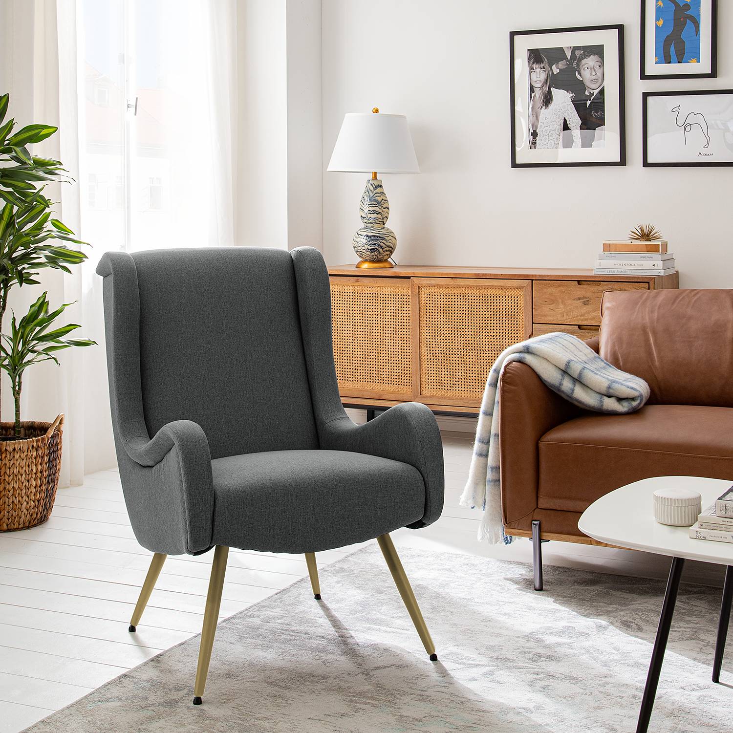 home24 Mørteens Sessel Emly Grau Webstoff 86x68x97 cm (BxHxT)