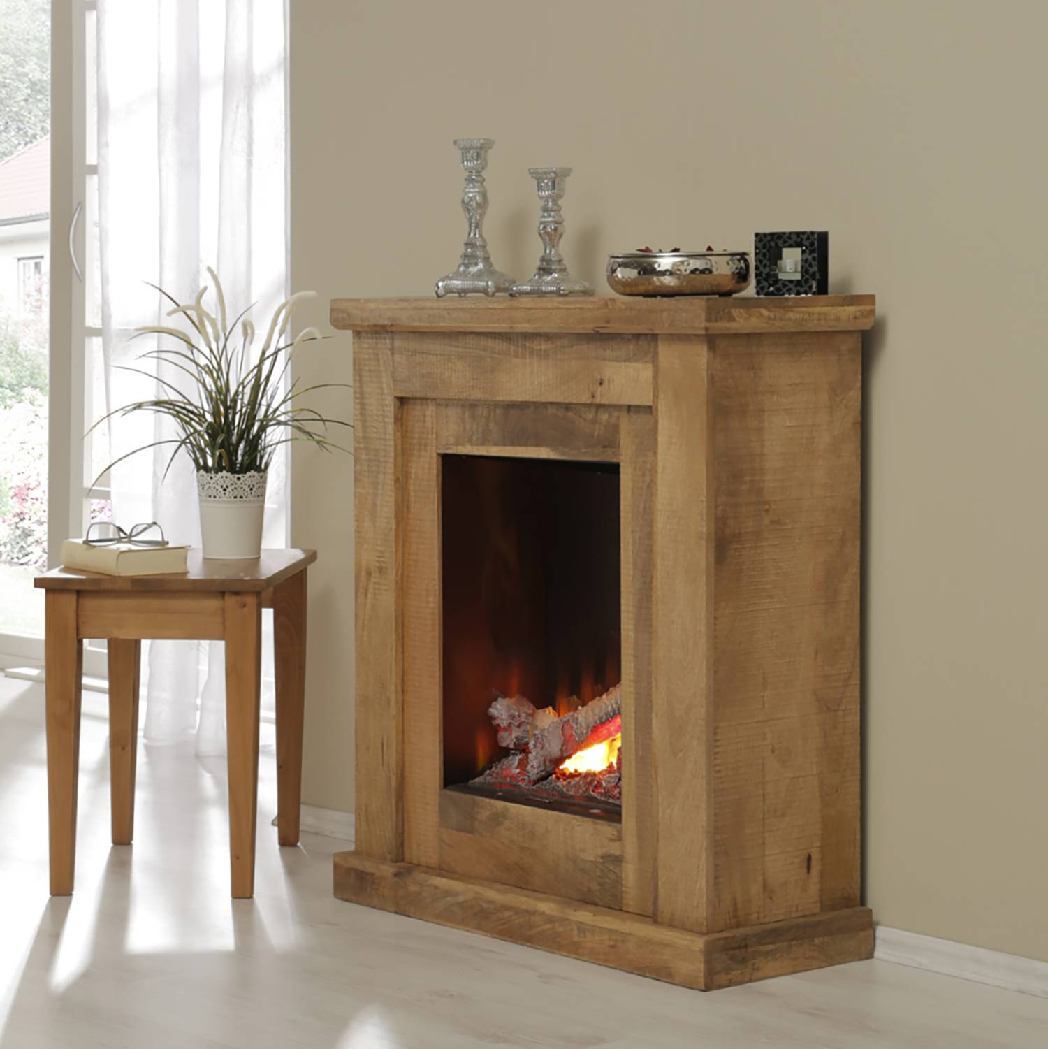 home24 Naturoo Elektrokamin Mumbai Camel Massivholz Mango 84x94x32 cm (BxHxT)