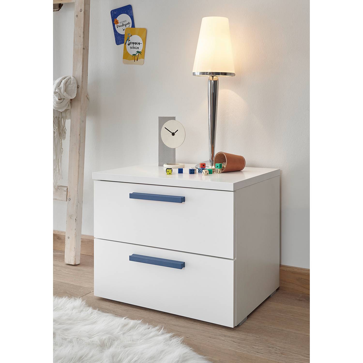 home24 LC Spa Nachtkommode Enjoy Spanplatte Weiß/Blau 51x42x39 cm (BxHxT) 2 Schubladen