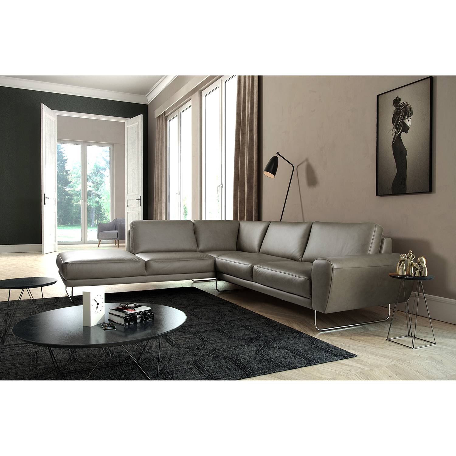 home24 loftscape Ecksofa Kerman Grau Echtleder 275x83x250 cm