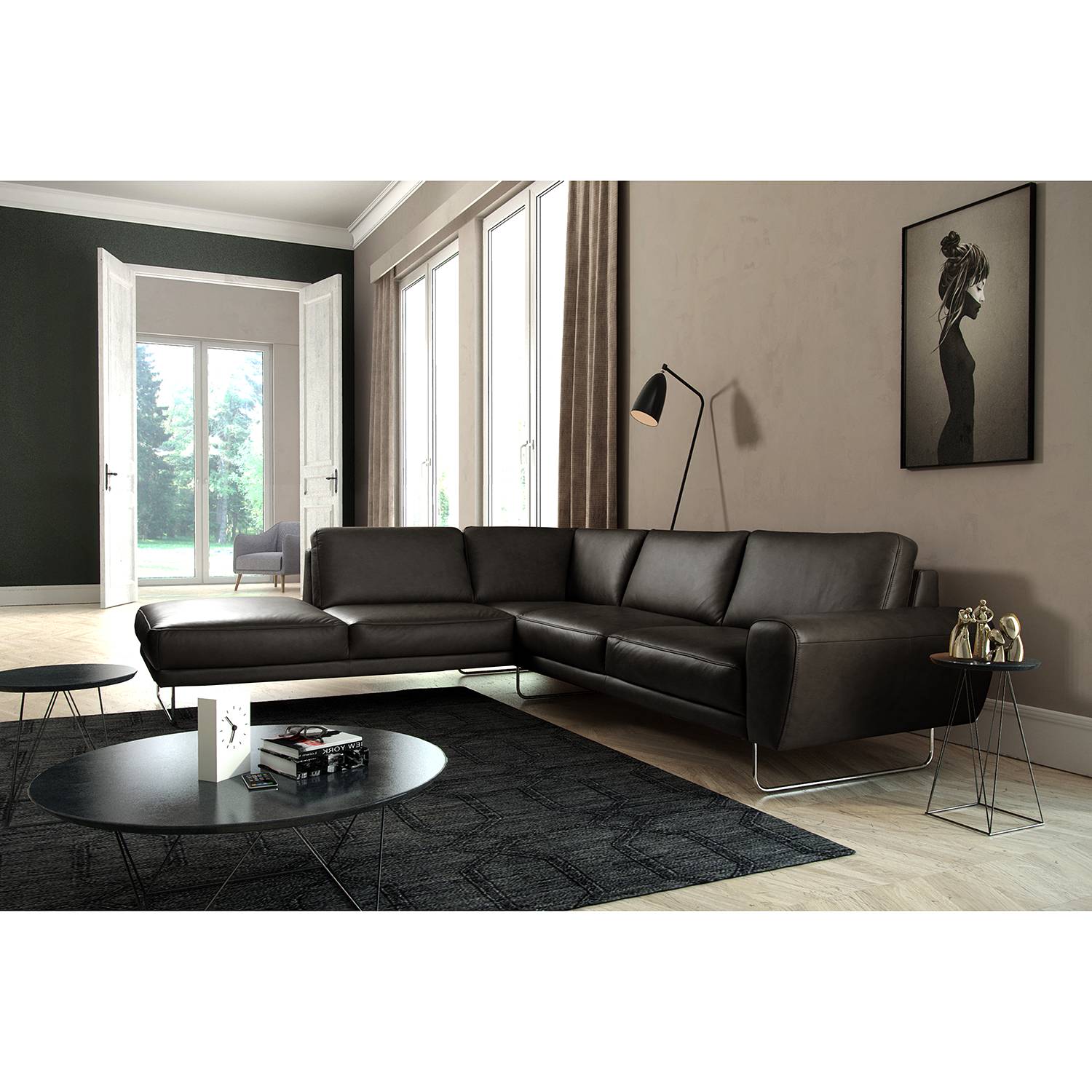 home24 loftscape Ecksofa Kerman Schwarz Echtleder 275x83x250 cm