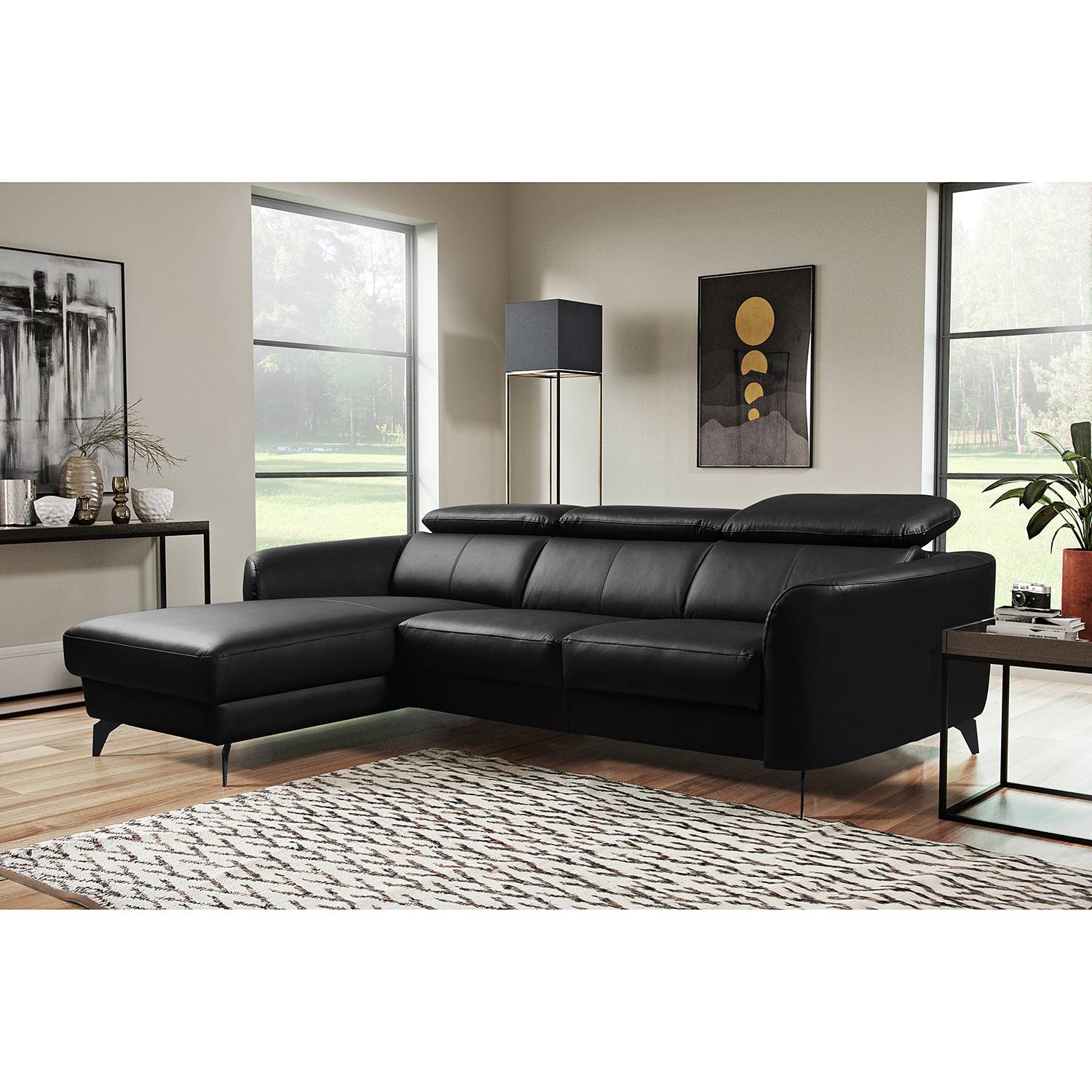 home24 loftscape Ecksofa Leary Schwarz Echtleder 262x72x181 cm