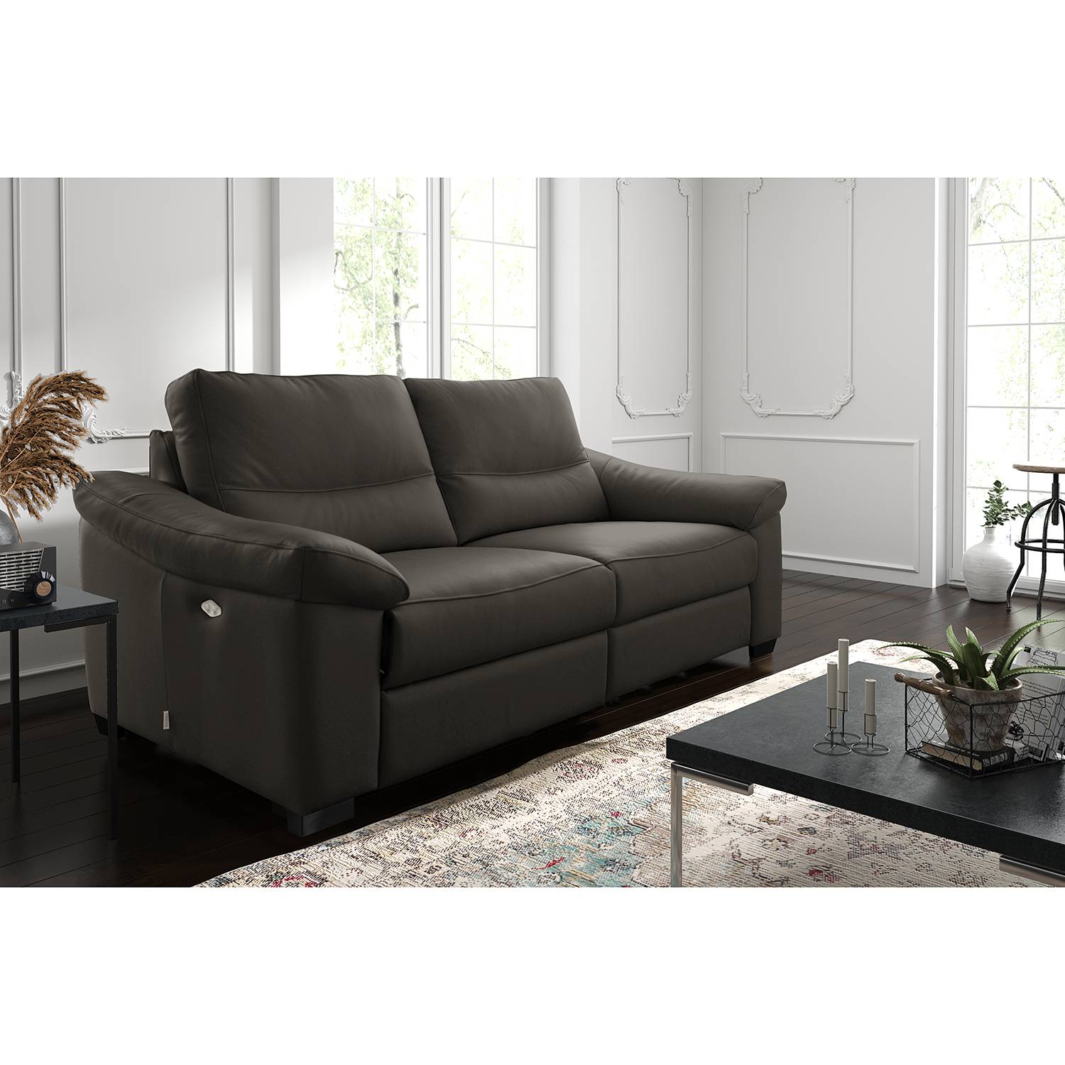 home24 Modoform Sofa Lamexa I 2,5-Sitzer Dunkelgrau Echtleder 212x95x98 cm