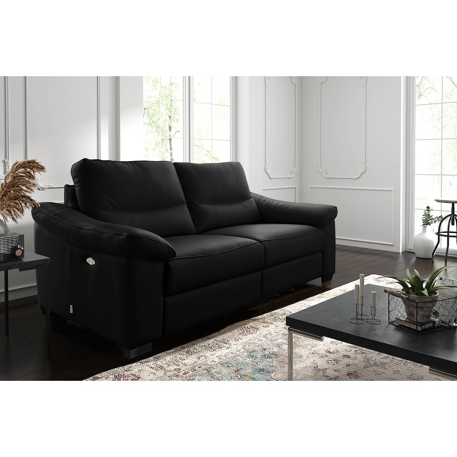 home24 Modoform Sofa Lamexa I 2-Sitzer Schwarz Echtleder 175x95x98 cm