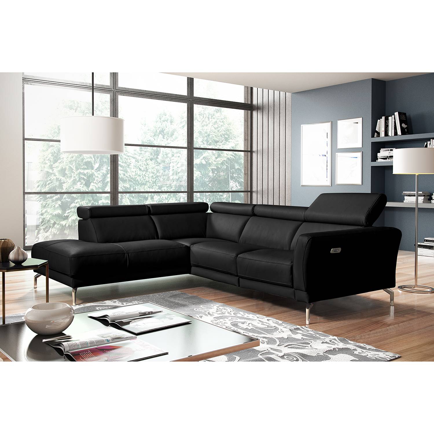 home24 loftscape Ecksofa Lebel Schwarz Echtleder 264x76x224 cm