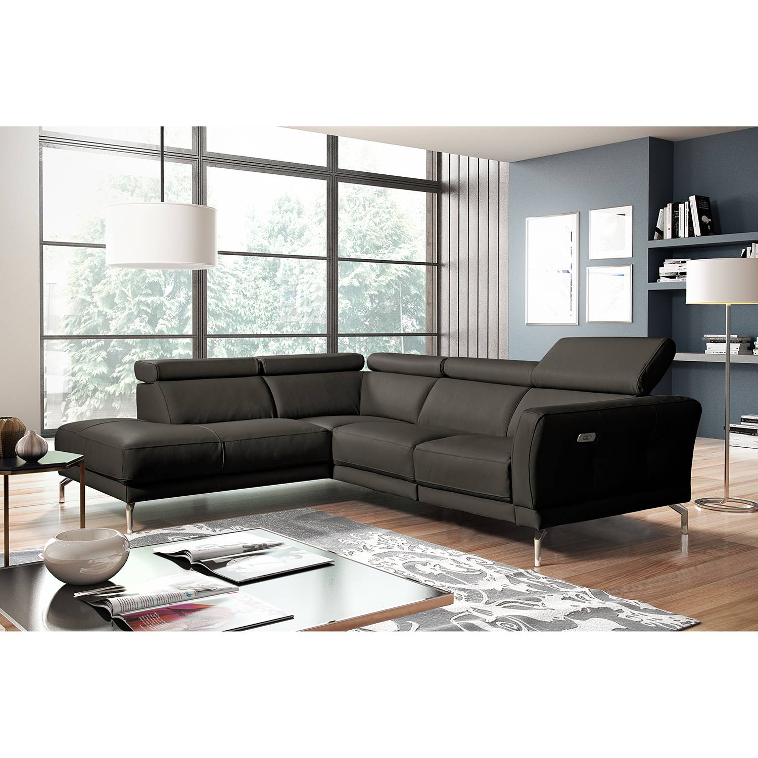 home24 loftscape Ecksofa Lebel Dunkelgrau Echtleder 264x76x224 cm