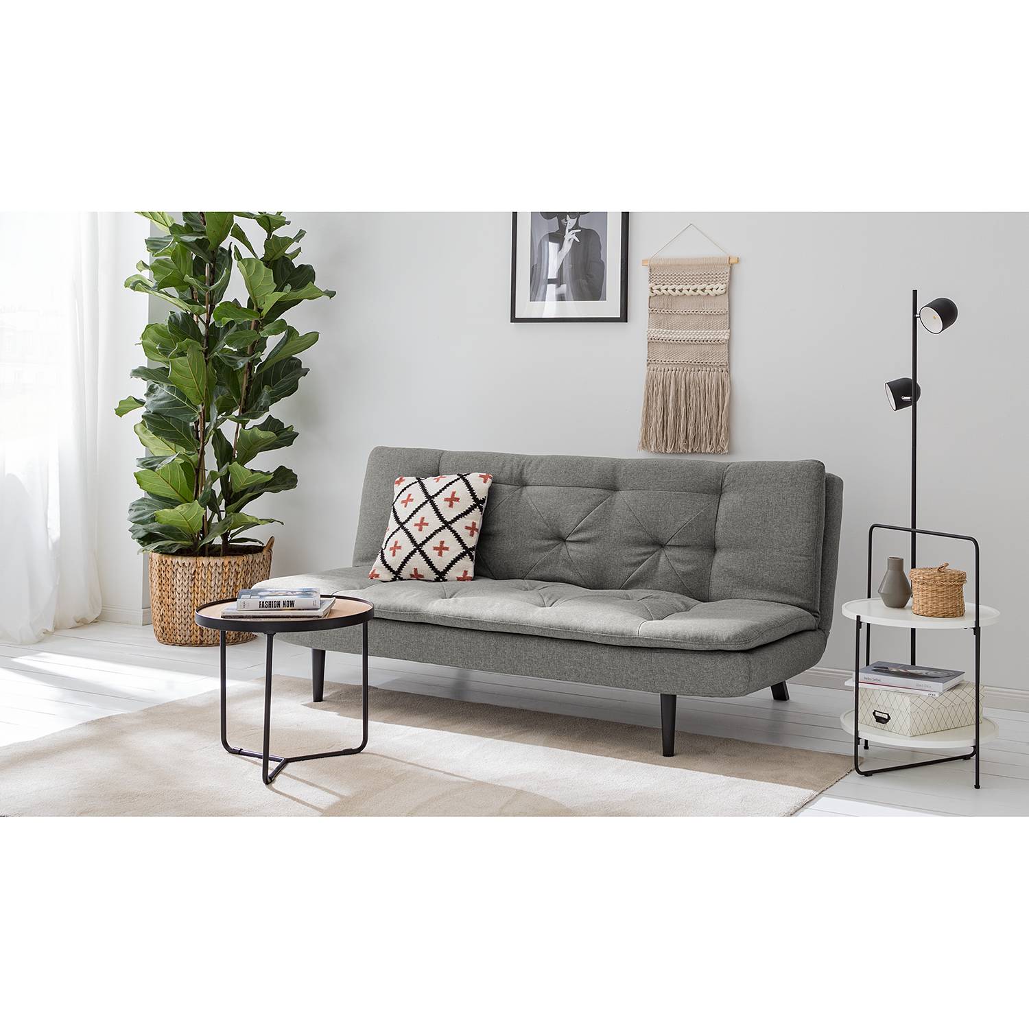 home24 Mørteens Schlafsofa Rawson Grau Webstoff 190x87x101 cm mit Schlaffunktion