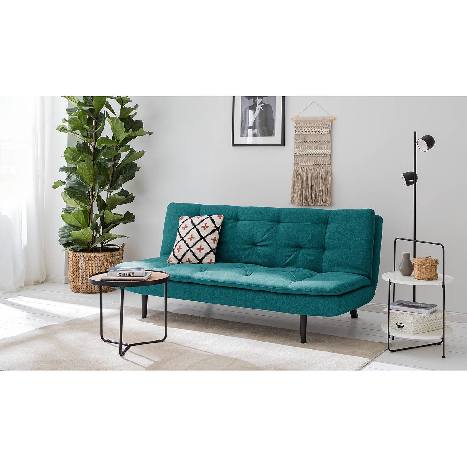 home24 Mørteens Schlafsofa Rawson Petrol Webstoff 190x87x101 cm mit Schlaffunktion