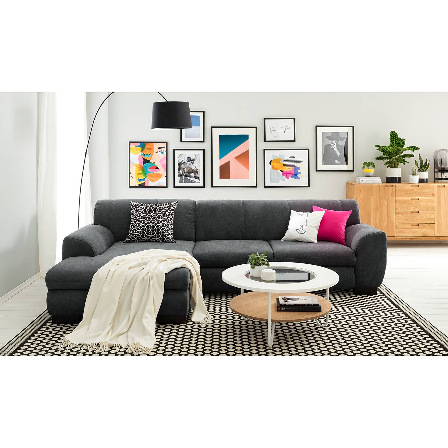 home24 loftscape Ecksofa Lefroy II Dunkelgrau Webstoff 277x78x156 cm mit Schlaffunktion