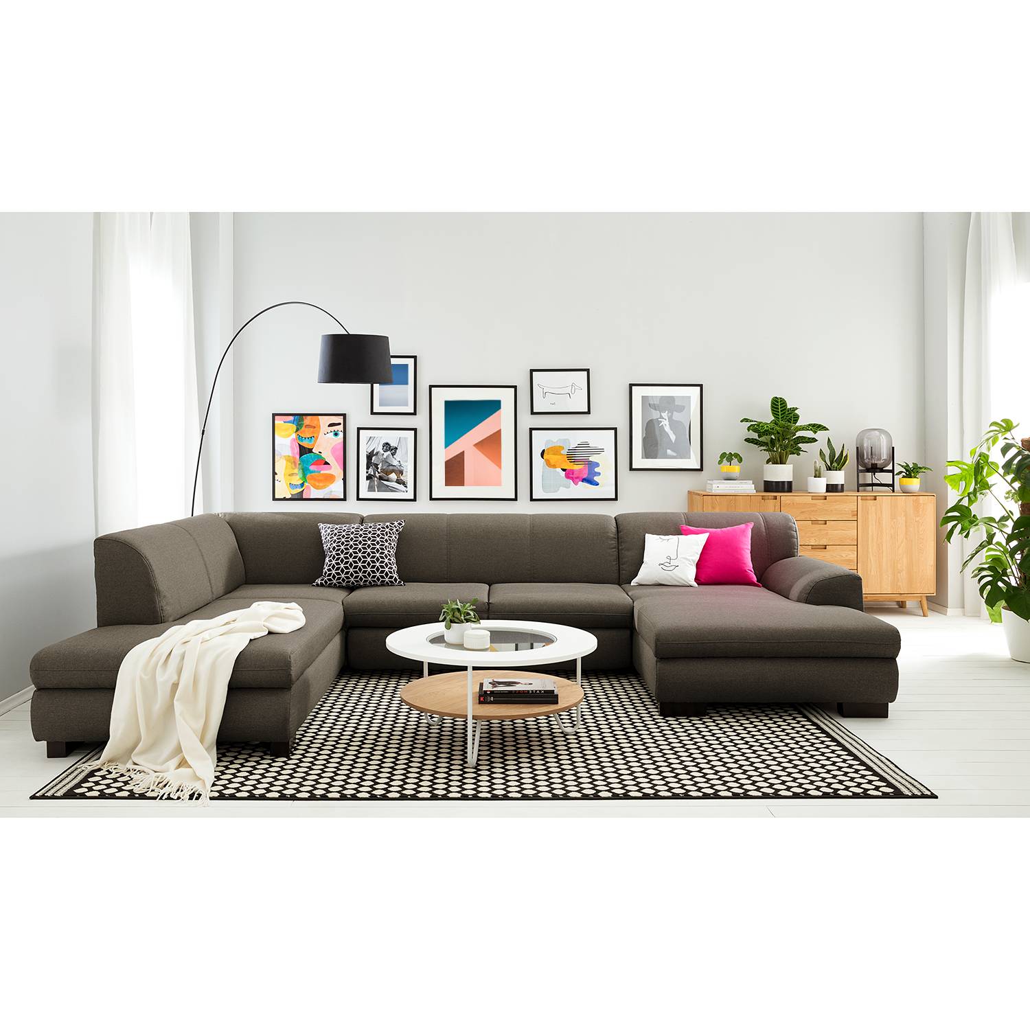 home24 loftscape Wohnlandschaft Lefroy I Nougat Flachgewebe 347x78x156 cm mit Schlaffunktion