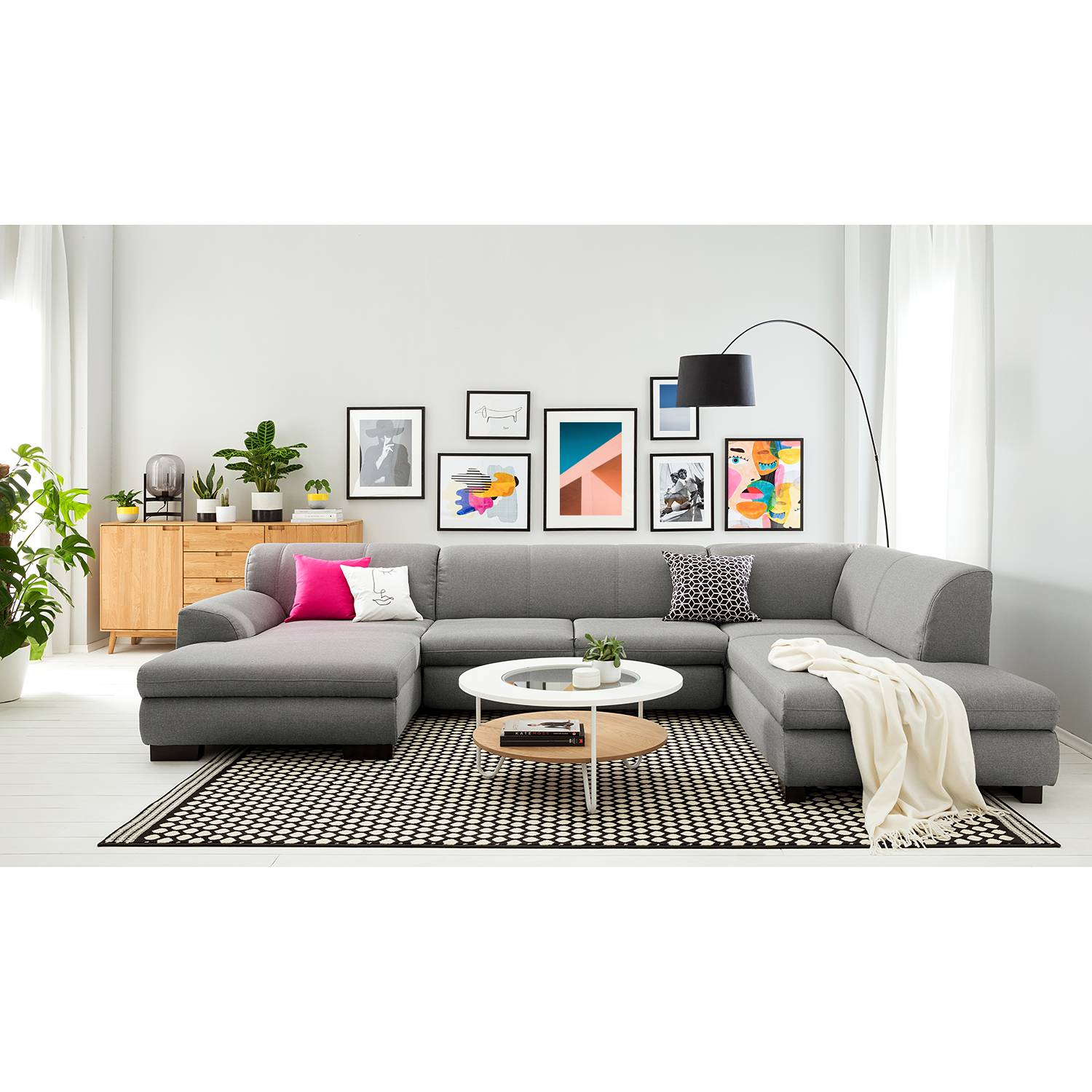 home24 loftscape Wohnlandschaft Lefroy I Grau Flachgewebe 347x78x156 cm mit Schlaffunktion