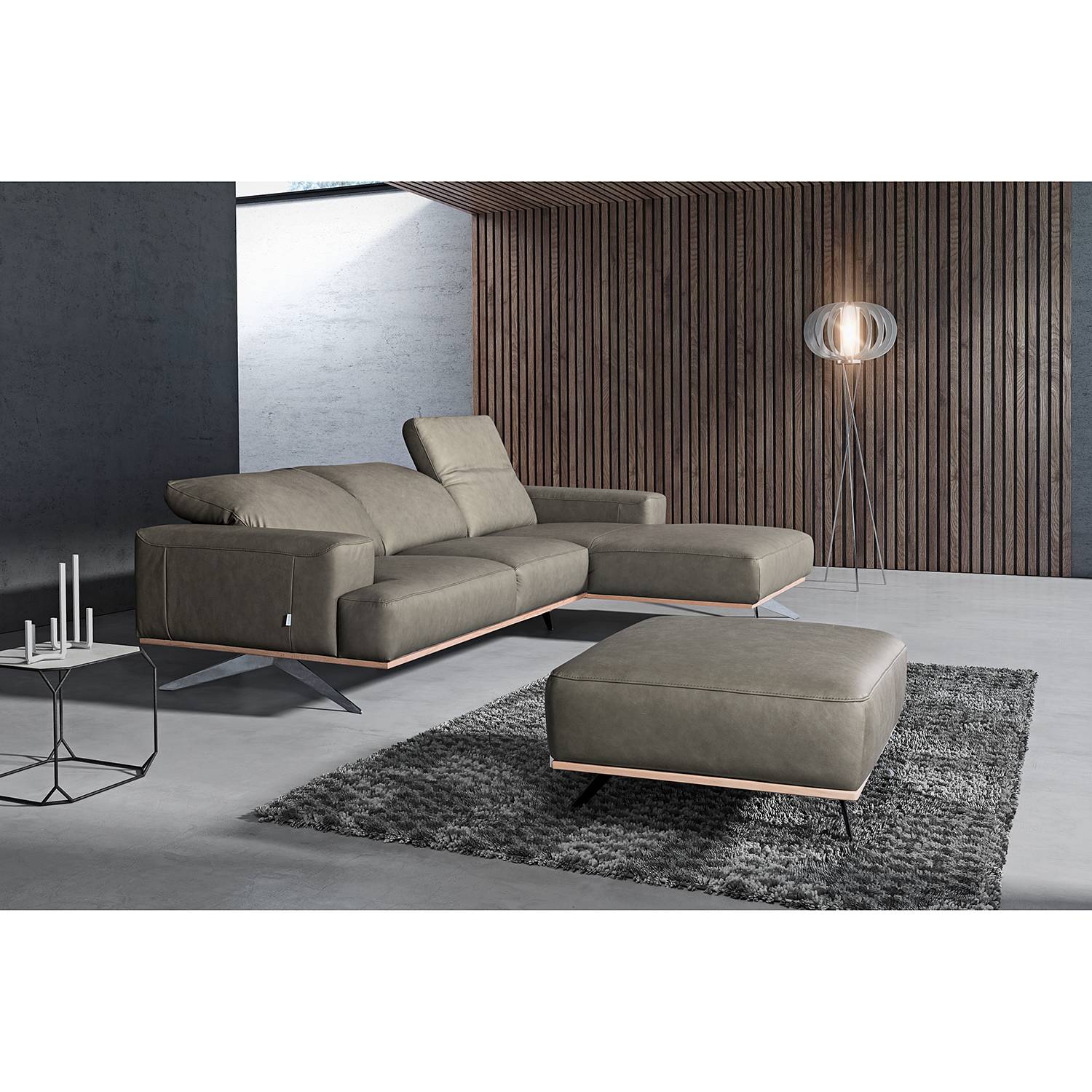home24 loftscape Ecksofa Iglesia Grau Echtleder 296x77x182 cm