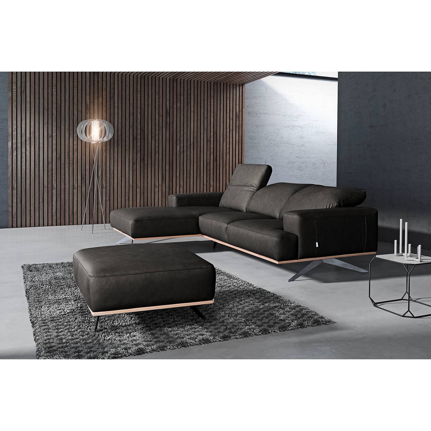home24 loftscape Ecksofa Iglesia Schwarz Echtleder 296x77x182 cm