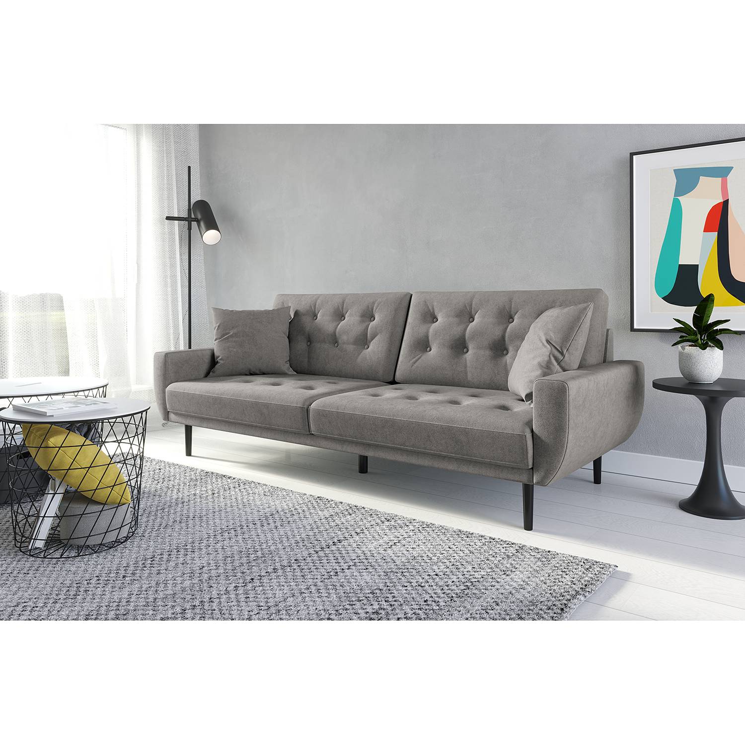 home24 Norrwood Sofa Vaise I 3-Sitzer Hellgrau Samt 214x83x90 cm