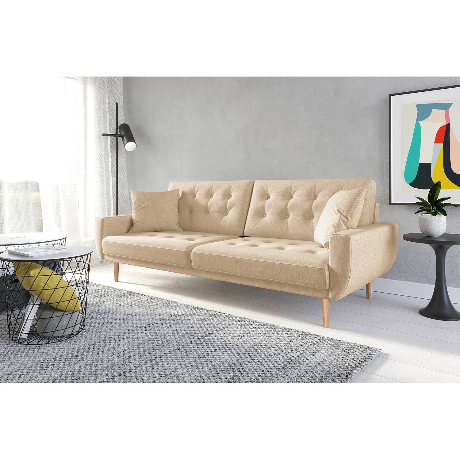 home24 Norrwood Sofa Vaise II 3-Sitzer Beige Webstoff 214x83x90 cm