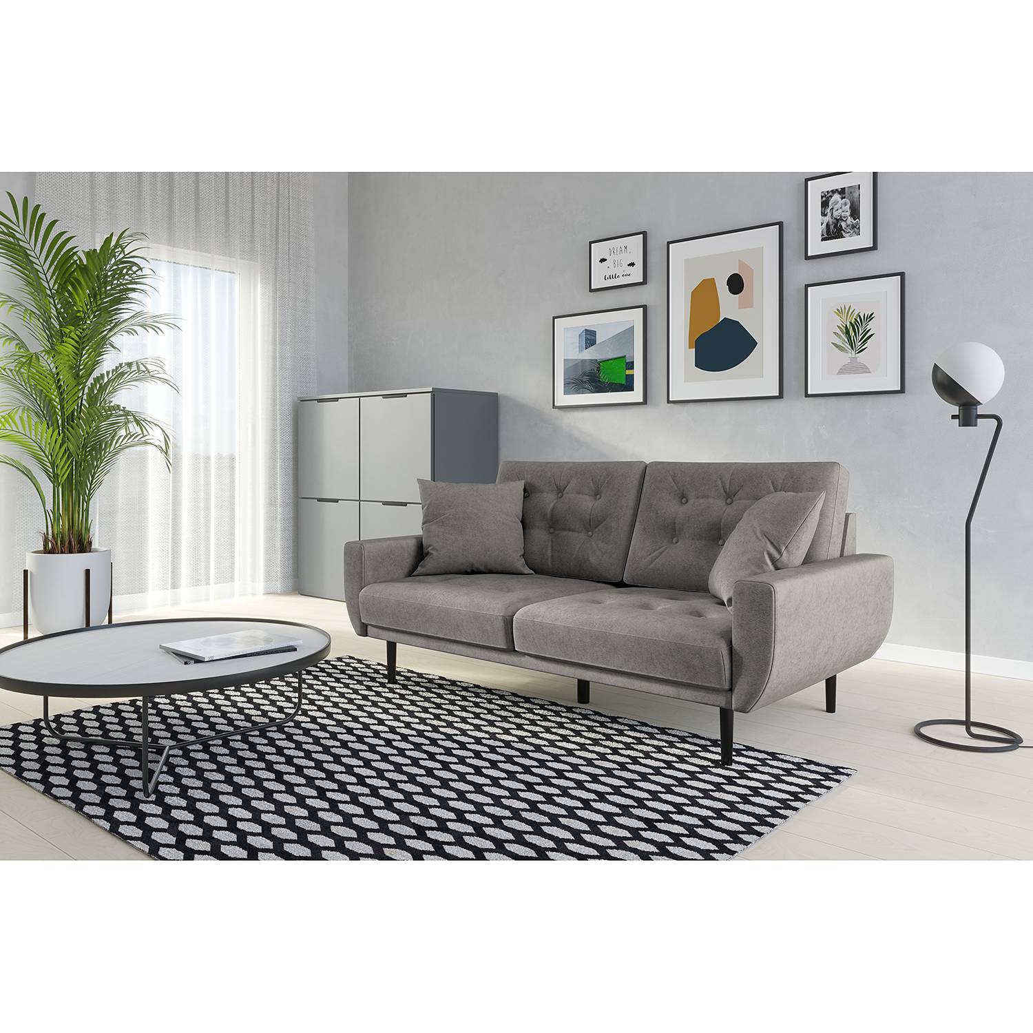 home24 Norrwood Sofa Vaise I 2,5-Sitzer Hellgrau Samt 174x83x90 cm