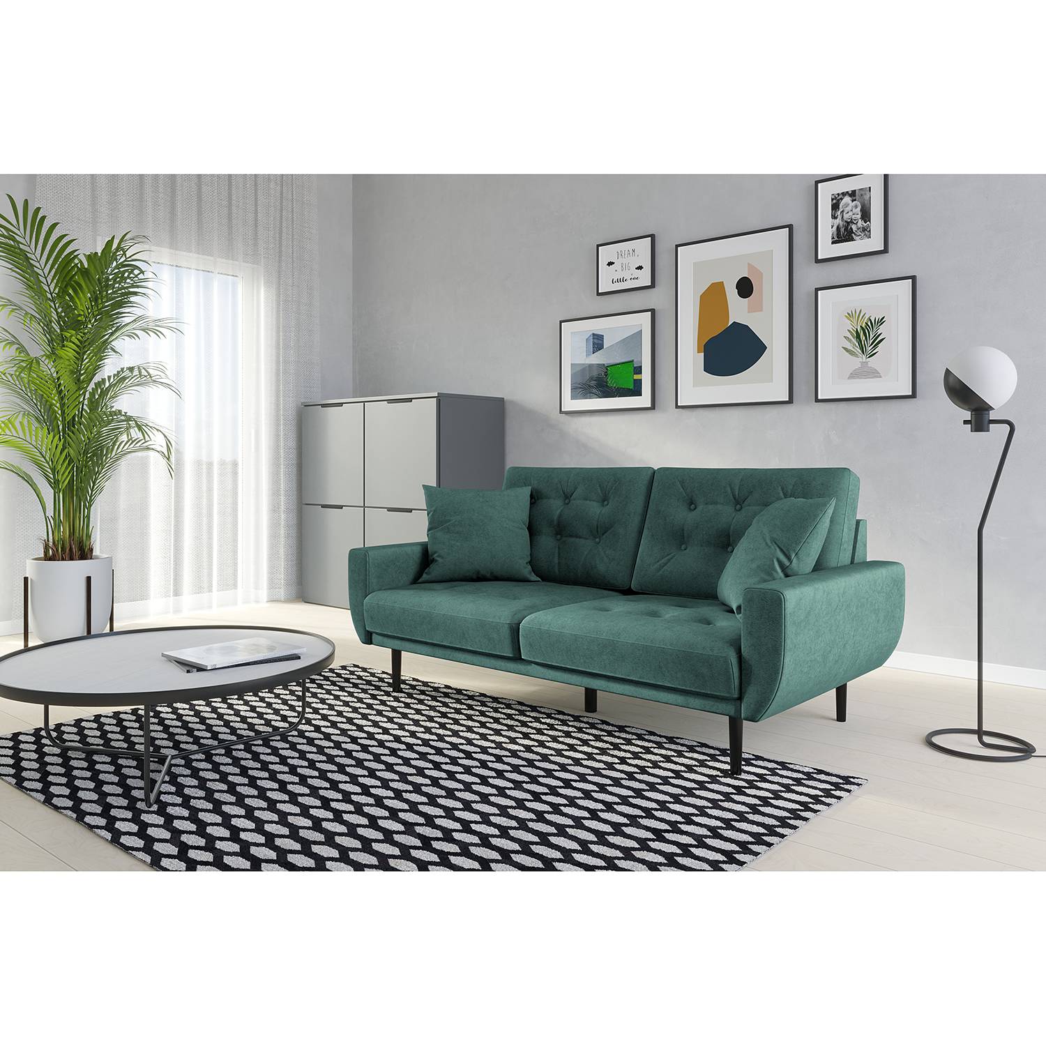 home24 Norrwood Sofa Vaise I 2,5-Sitzer Petrol Samt 174x83x90 cm