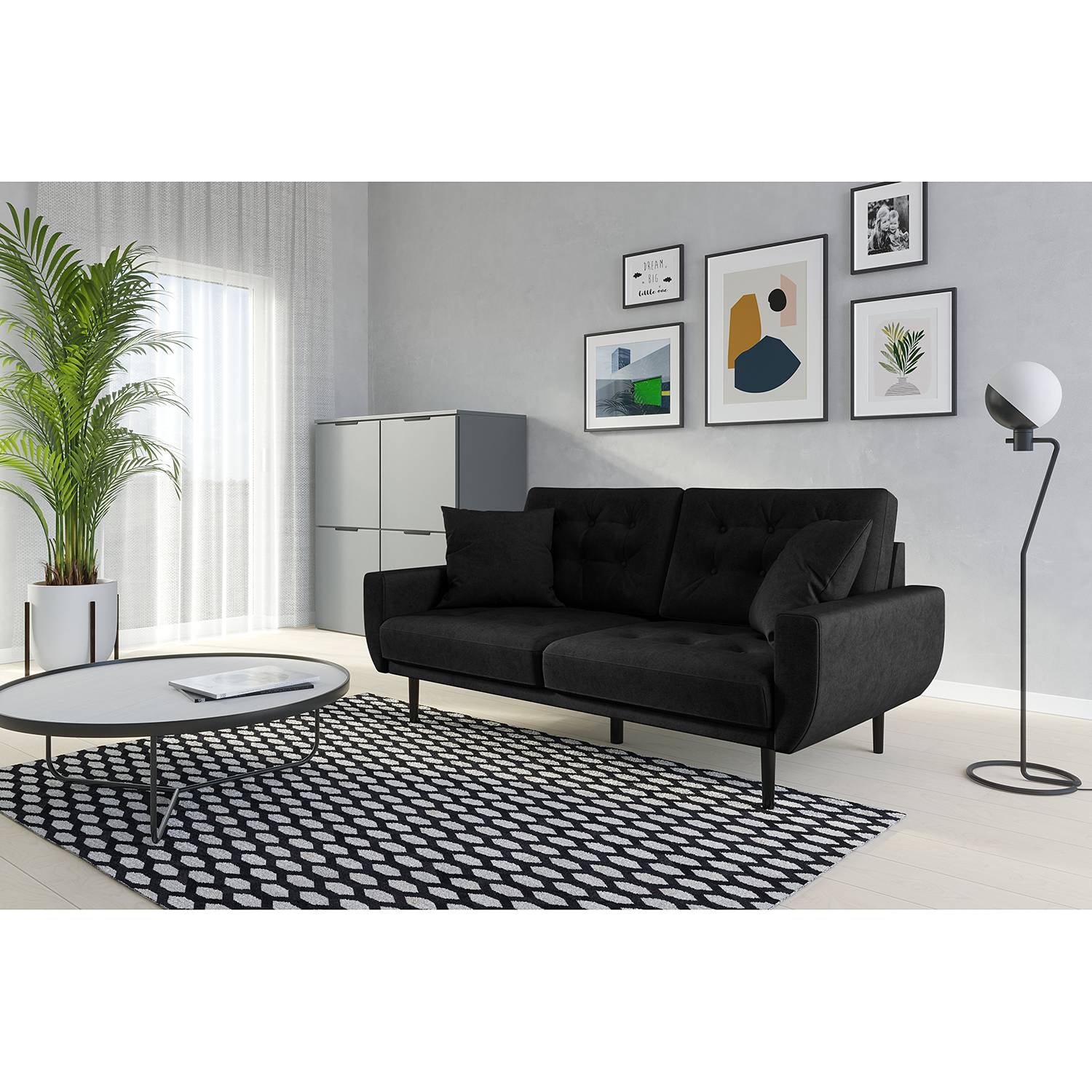 home24 Norrwood Sofa Vaise I 2,5-Sitzer Schwarz Samt 174x83x90 cm