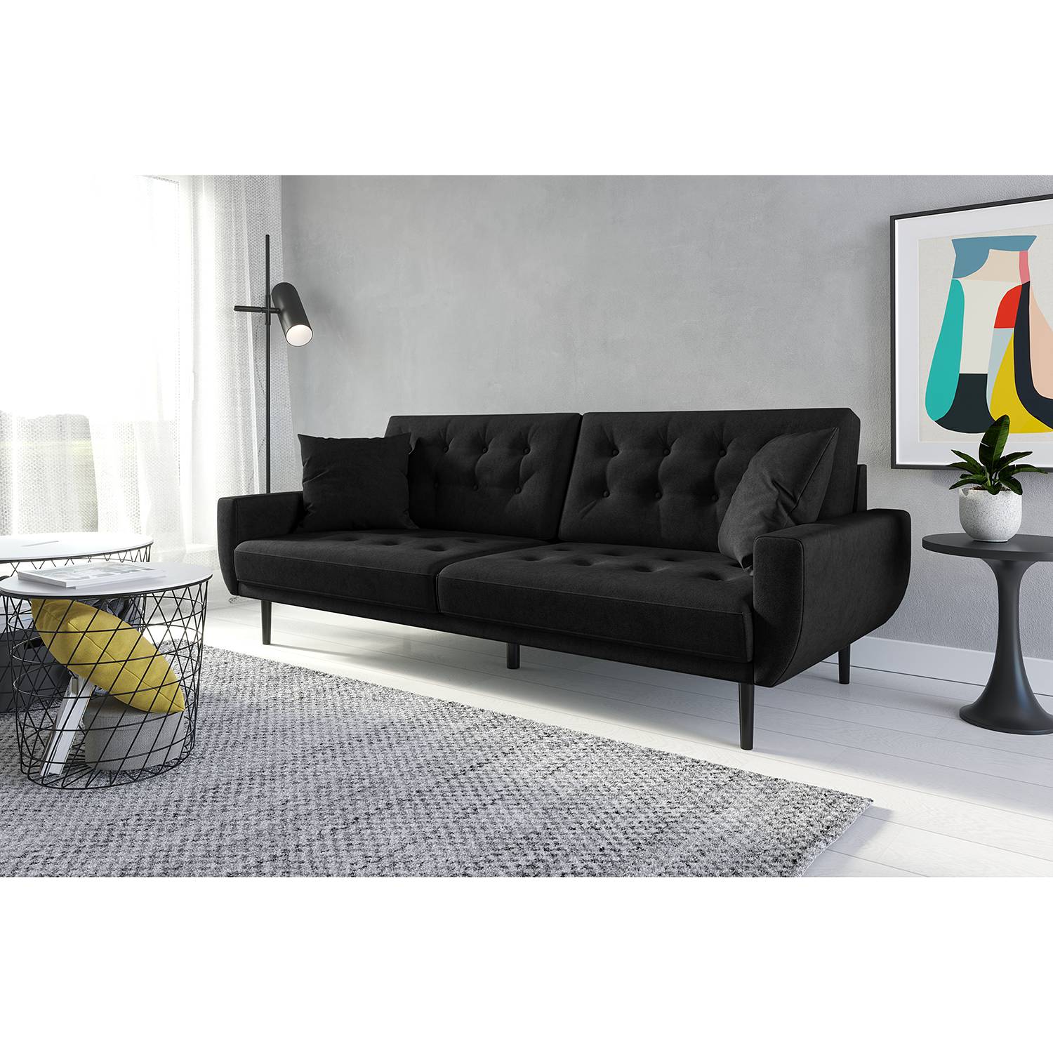 home24 Norrwood Sofa Vaise I 3-Sitzer Schwarz Samt 214x83x90 cm