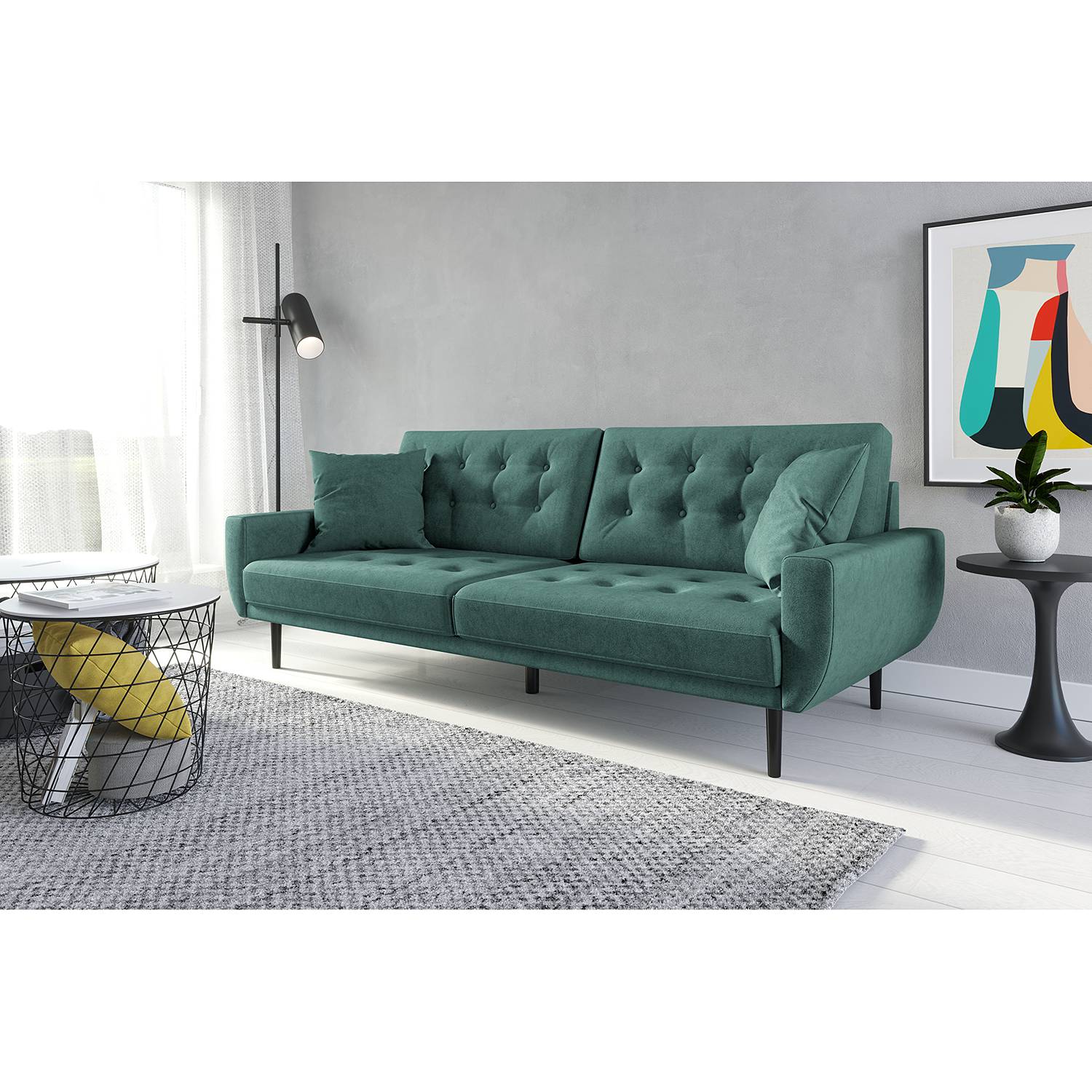 home24 Norrwood Sofa Vaise I 3-Sitzer Petrol Samt 214x83x90 cm