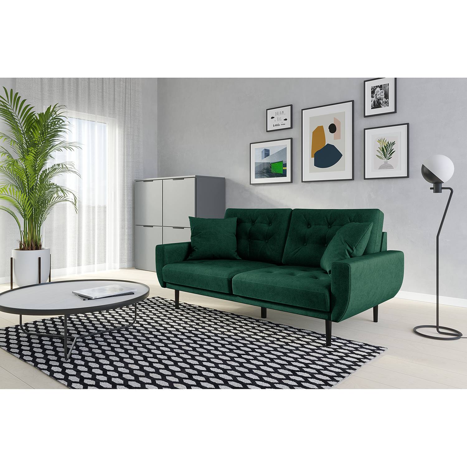 home24 Norrwood Sofa Vaise I 2,5-Sitzer Antikgrün Samt 174x83x90 cm