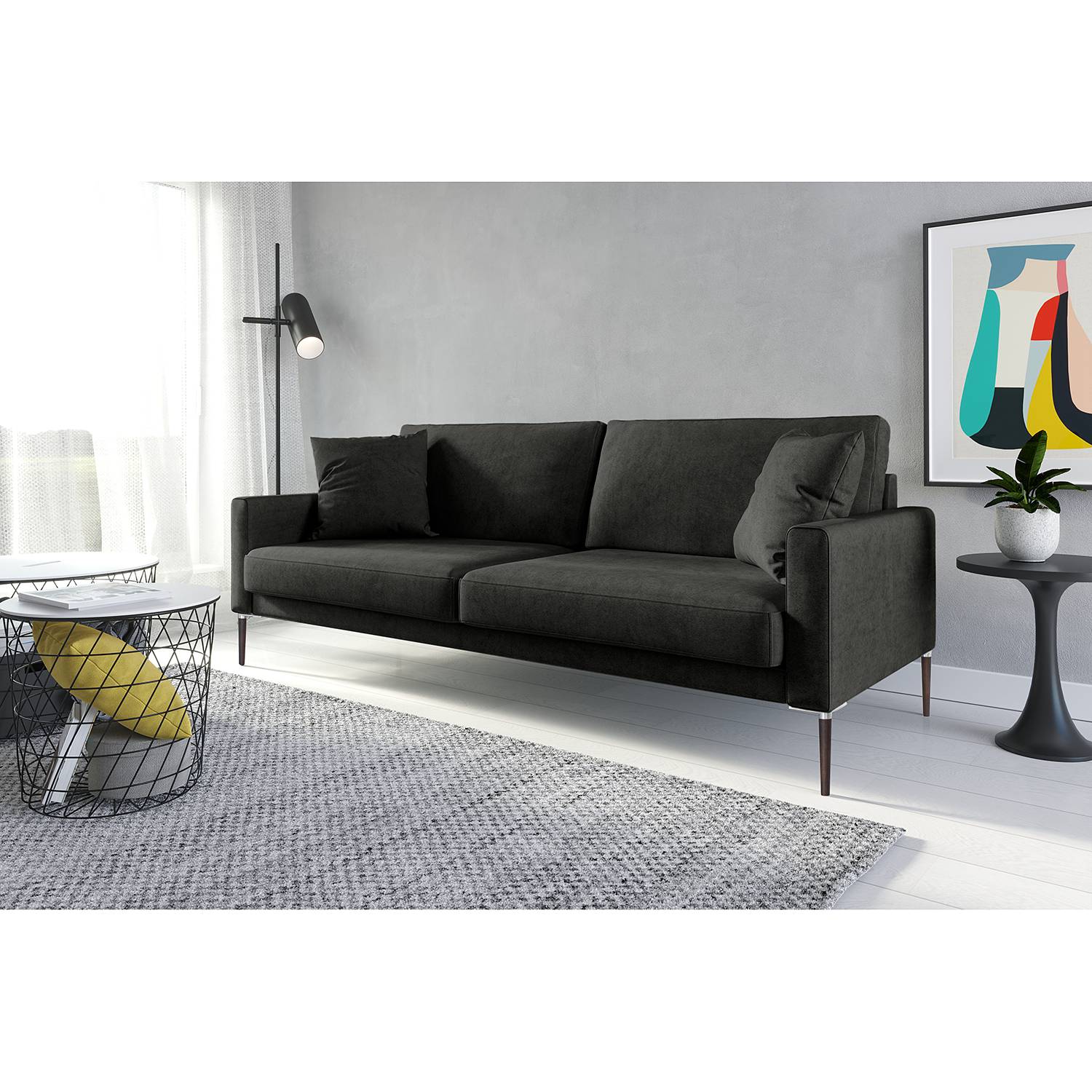 home24 Norrwood Sofa Sauvo I 3-Sitzer Dunkelgrau Samt 214x83x90 cm