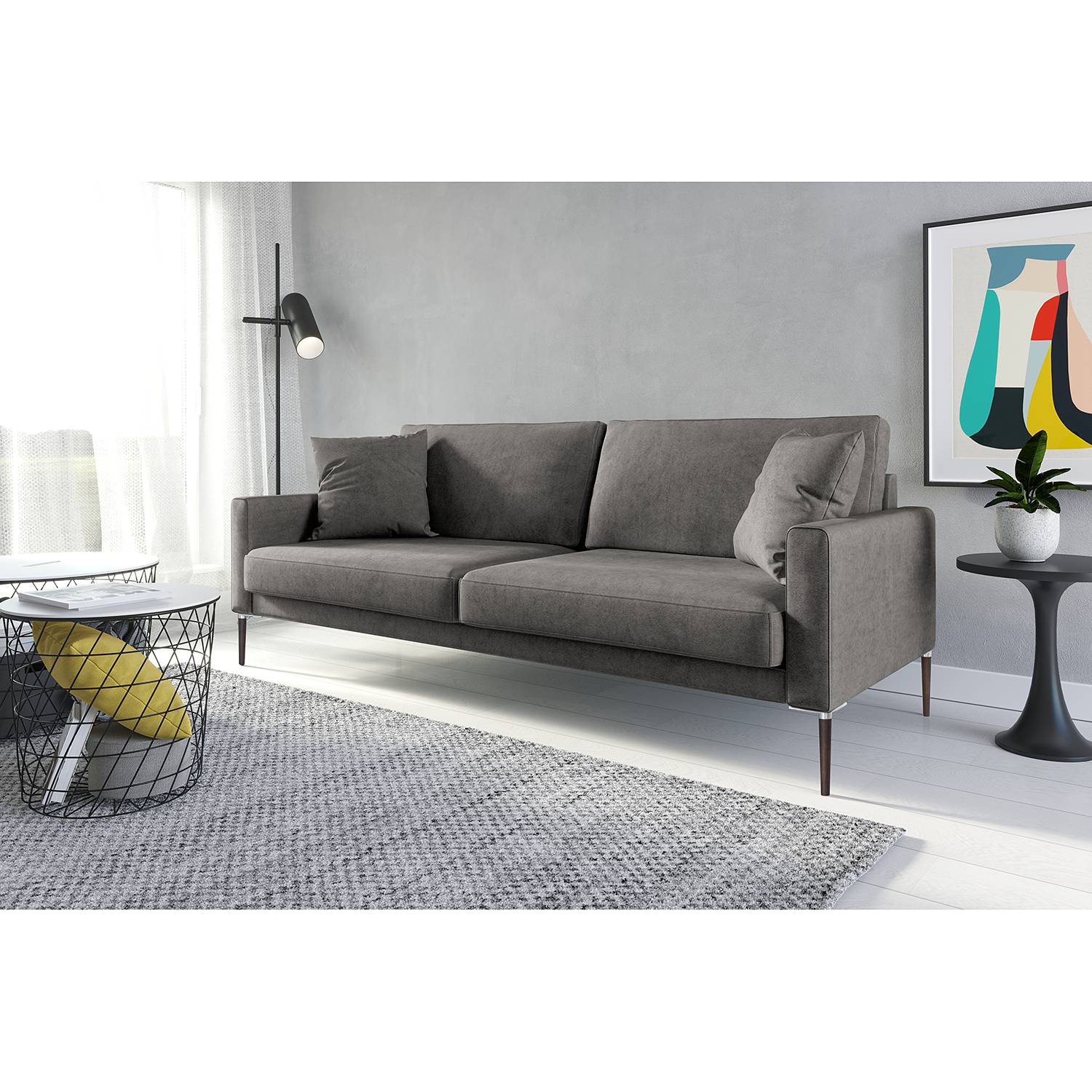 home24 Norrwood Sofa Sauvo I 3-Sitzer Hellgrau Samt 214x83x90 cm