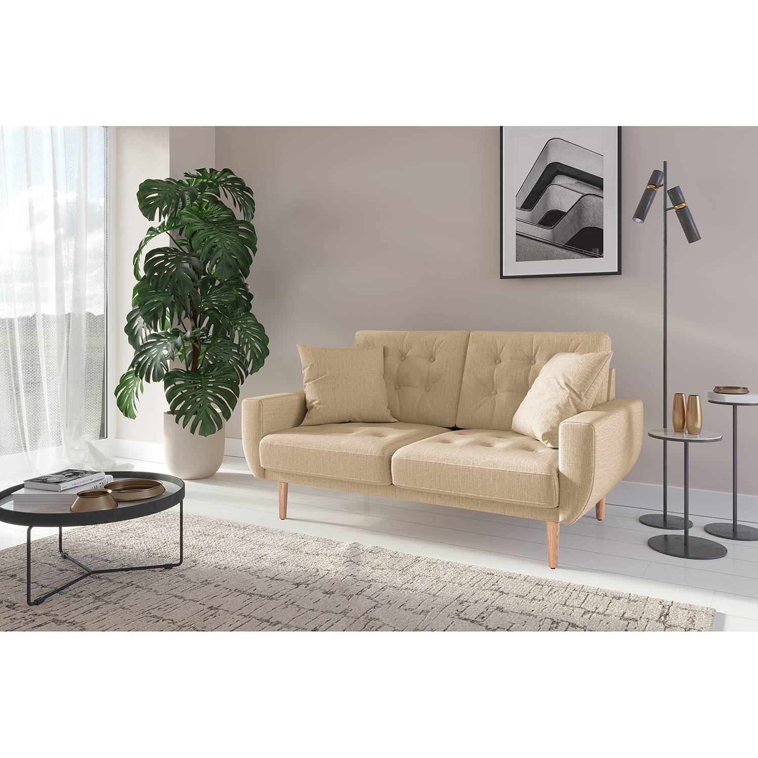 home24 Norrwood Sofa Vaise II 2-Sitzer Beige Webstoff 154x83x90 cm