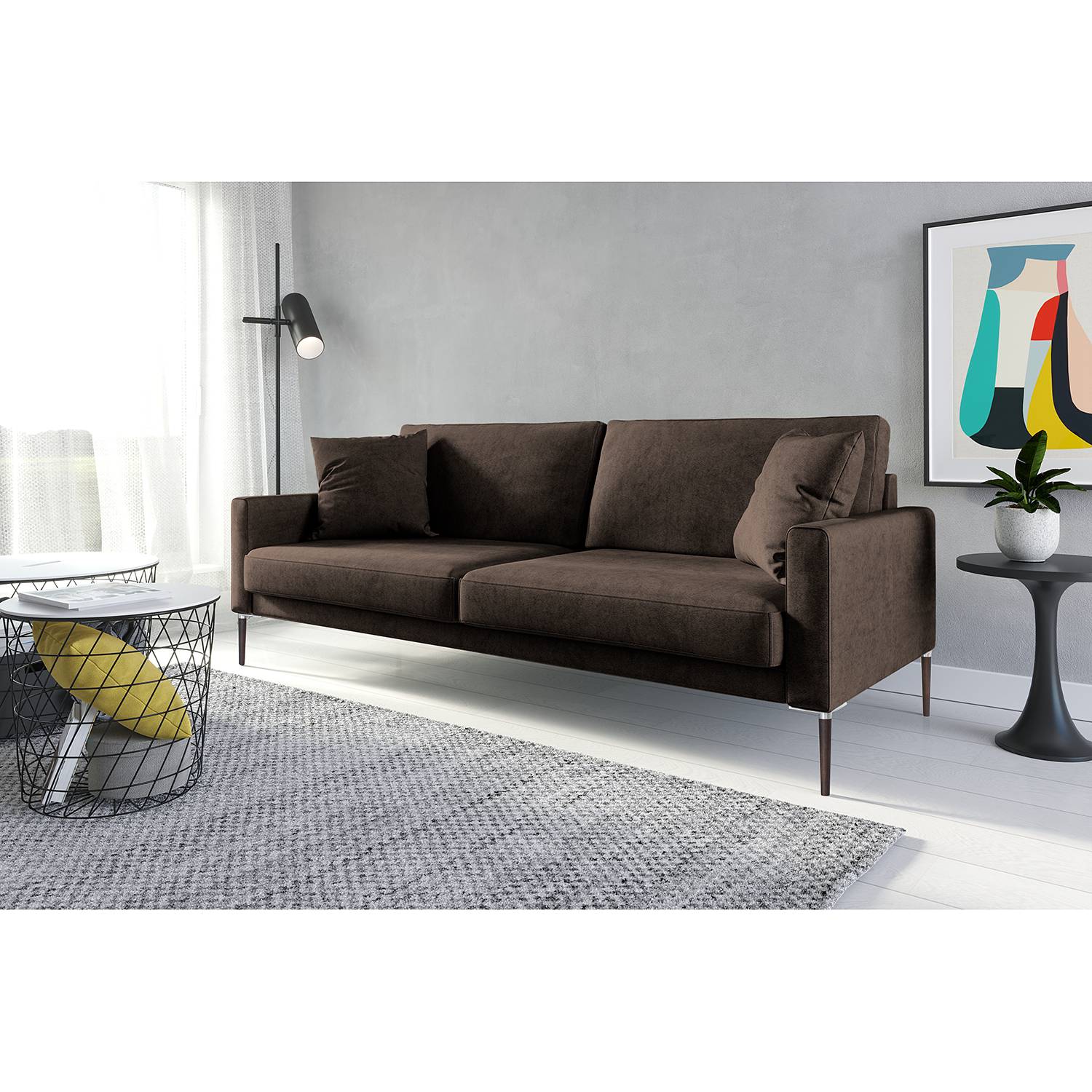 home24 Norrwood Sofa Sauvo I 3-Sitzer Braun Samt 214x83x90 cm
