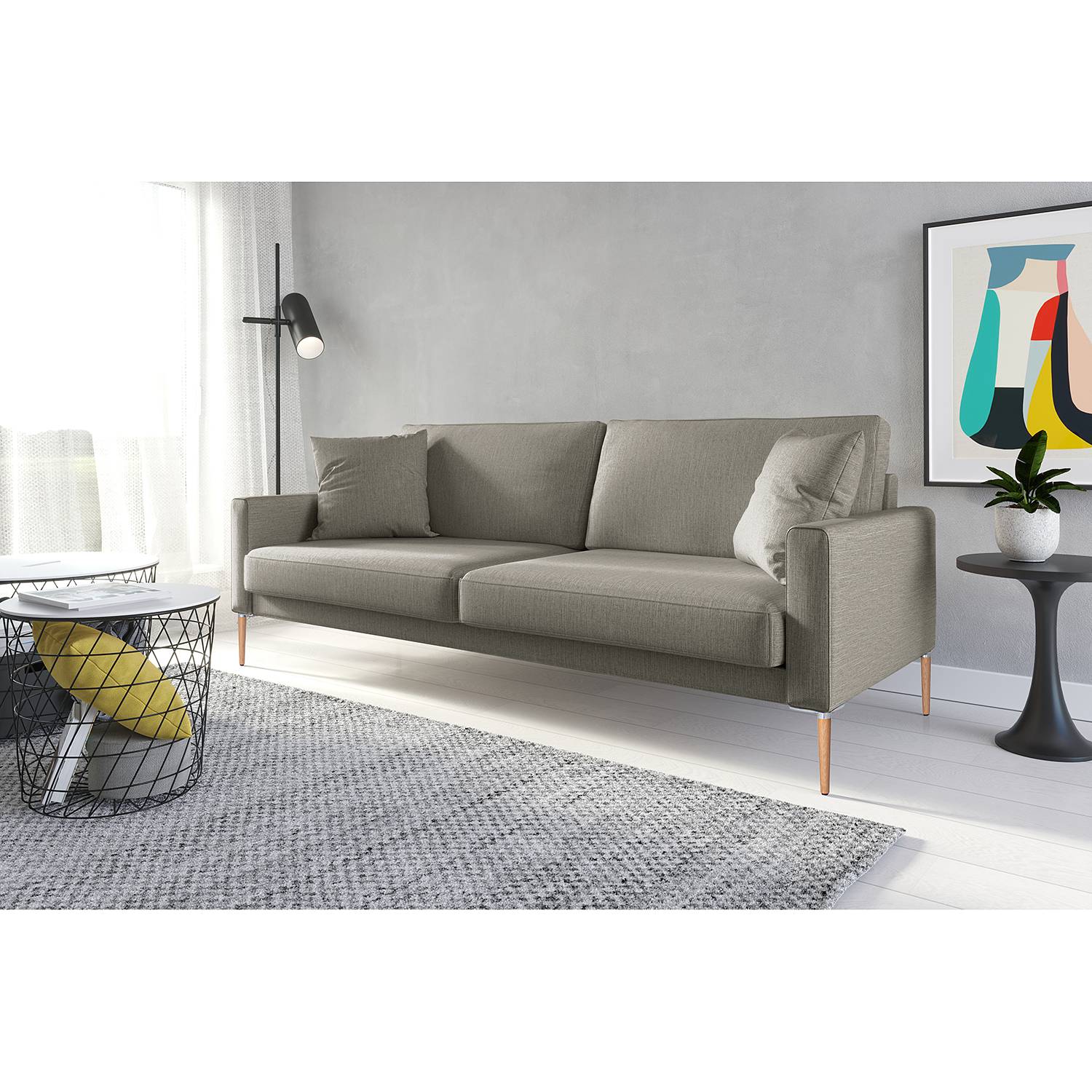 home24 Norrwood Sofa Sauvo II 3-Sitzer Grau Webstoff 214x83x90 cm