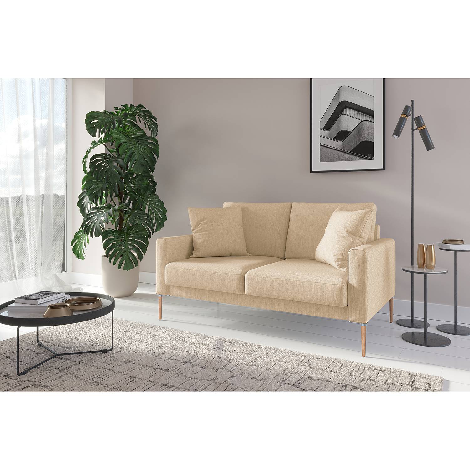 home24 Norrwood Sofa Sauvo II 2-Sitzer Beige Webstoff 154x83x90 cm