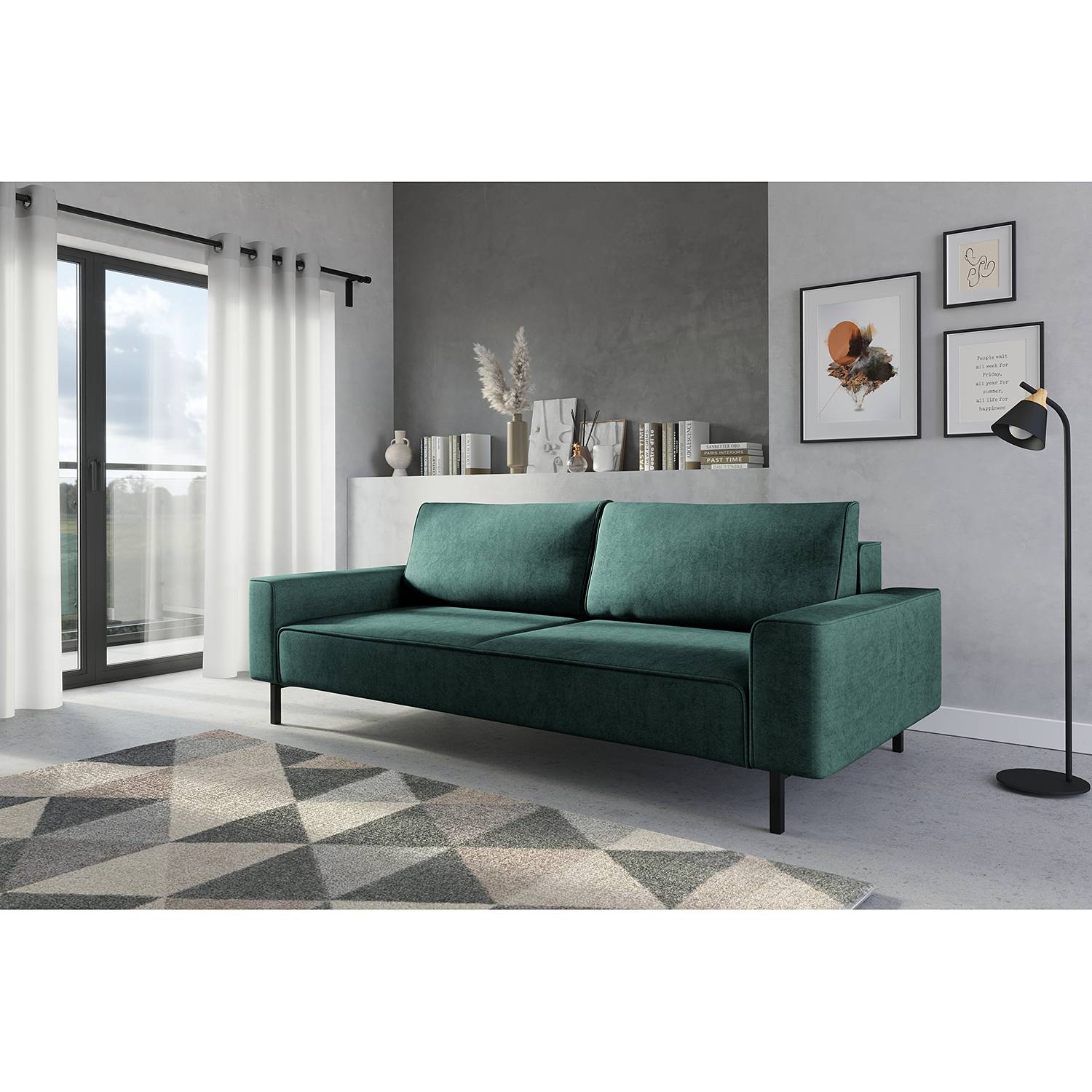 home24 Norrwood Schlafsofa Tapio I Dunkelblau Samt 238x83x110 cm mit Schlaffunktion