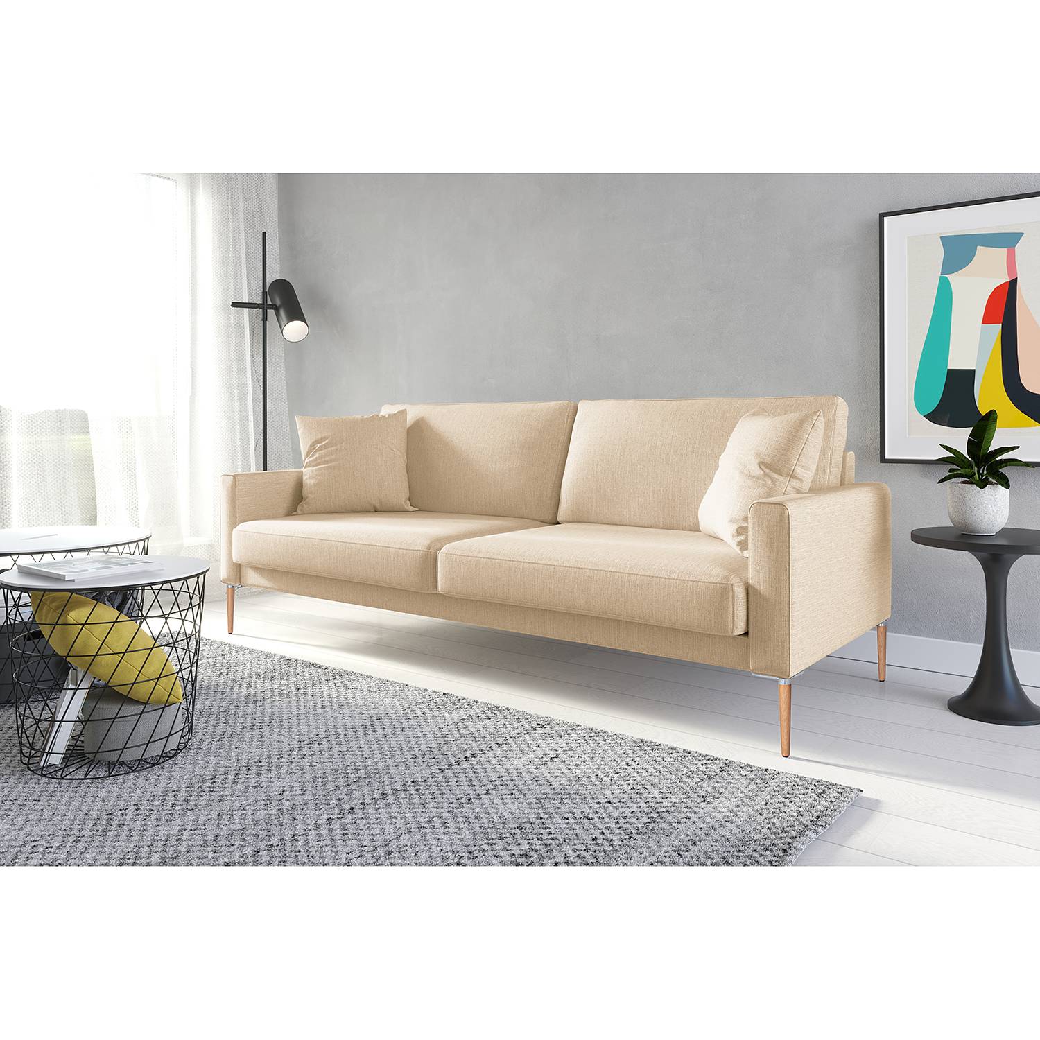 home24 Norrwood Sofa Sauvo II 3-Sitzer Beige Webstoff 214x83x90 cm