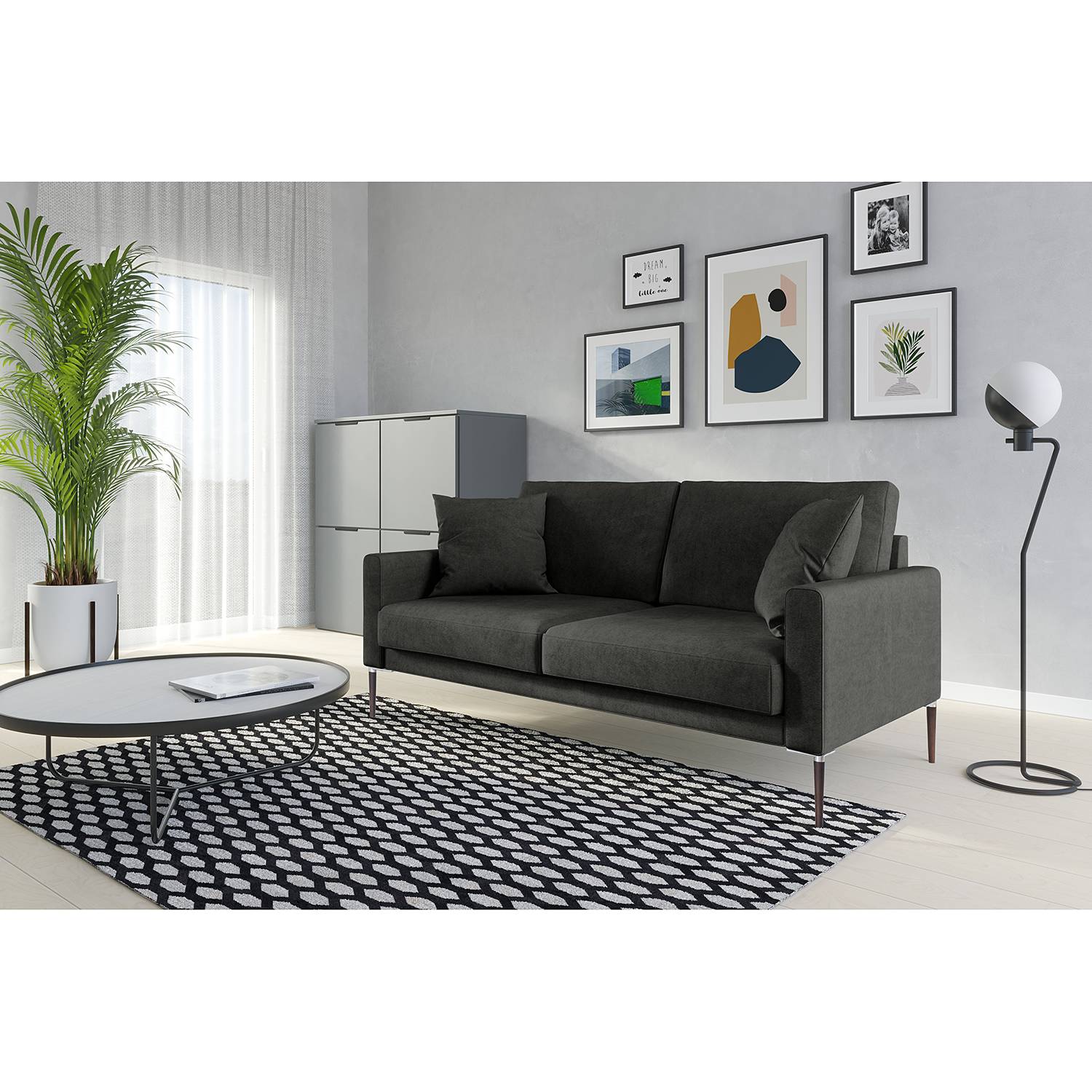 home24 Norrwood Sofa Sauvo I 2,5-Sitzer Dunkelgrau Samt 174x83x90 cm