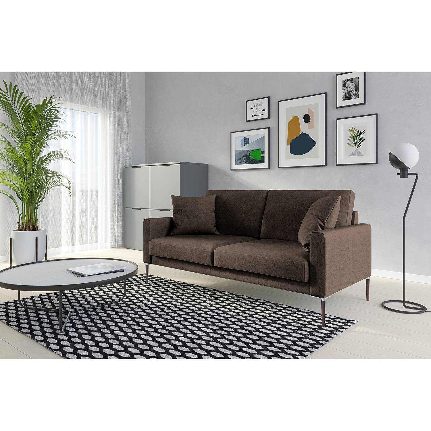 home24 Norrwood Sofa Sauvo I 2,5-Sitzer Braun Samt 174x83x90 cm