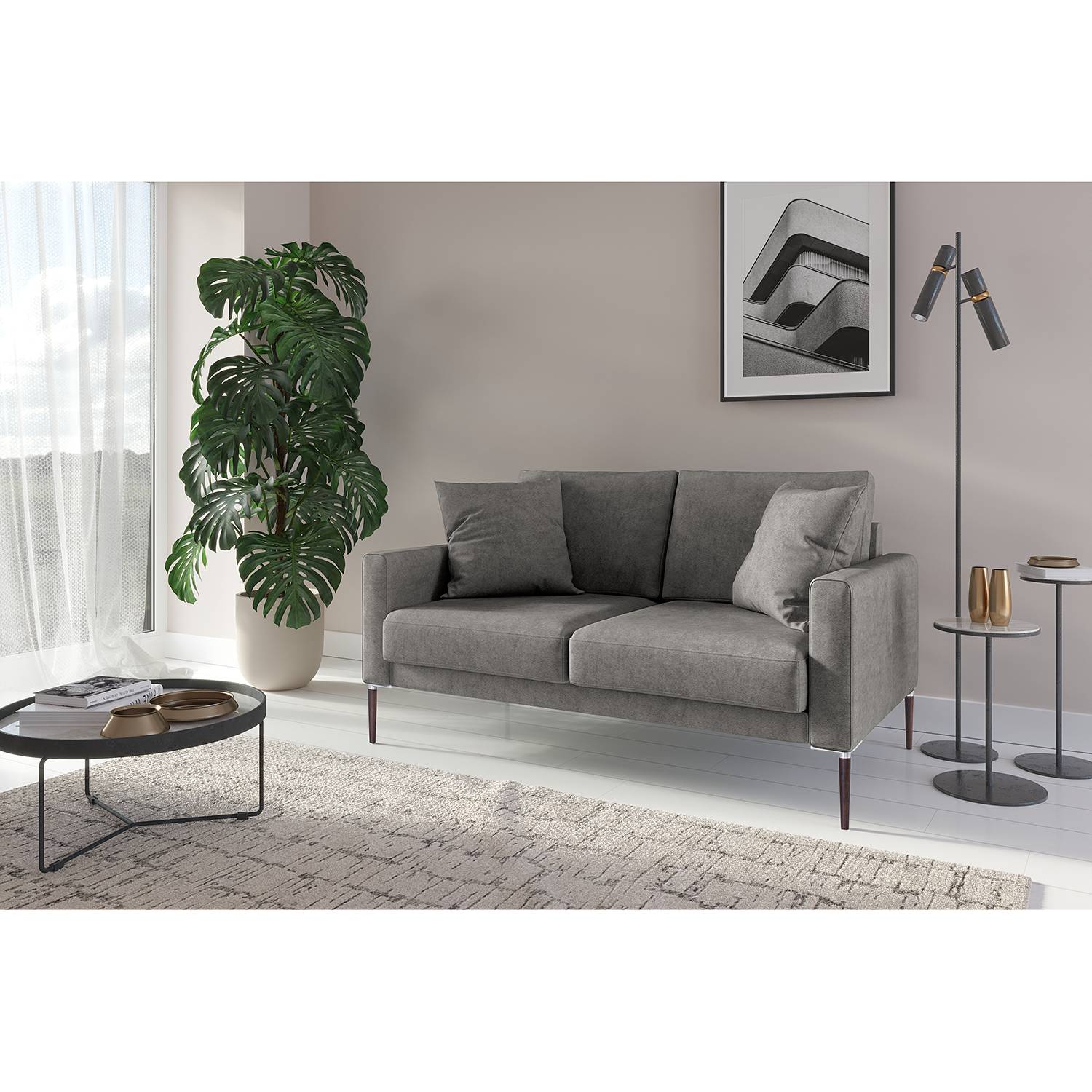 home24 Norrwood Sofa Sauvo I 2-Sitzer Hellgrau Samt 154x83x90 cm
