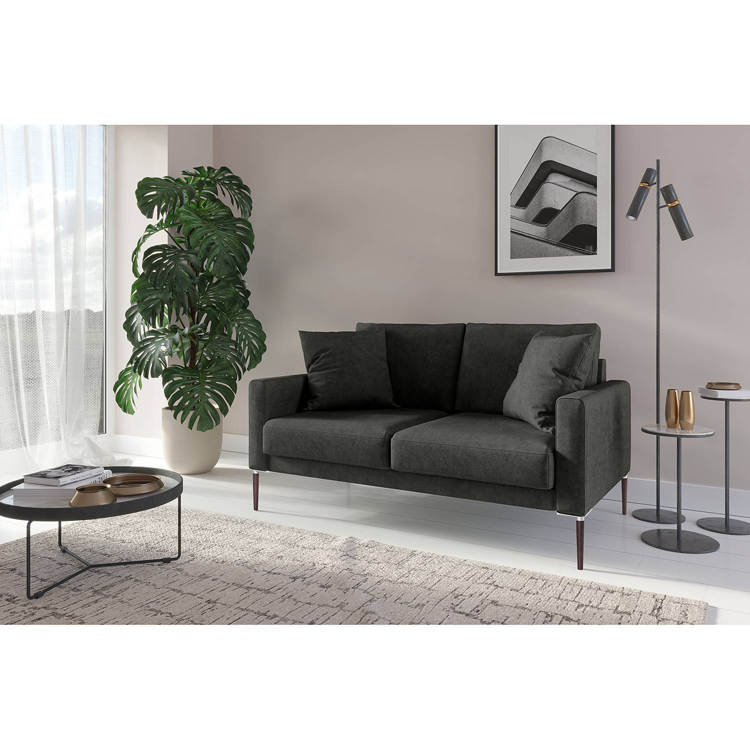 home24 Norrwood Sofa Sauvo I 2-Sitzer Dunkelgrau Samt 154x83x90 cm
