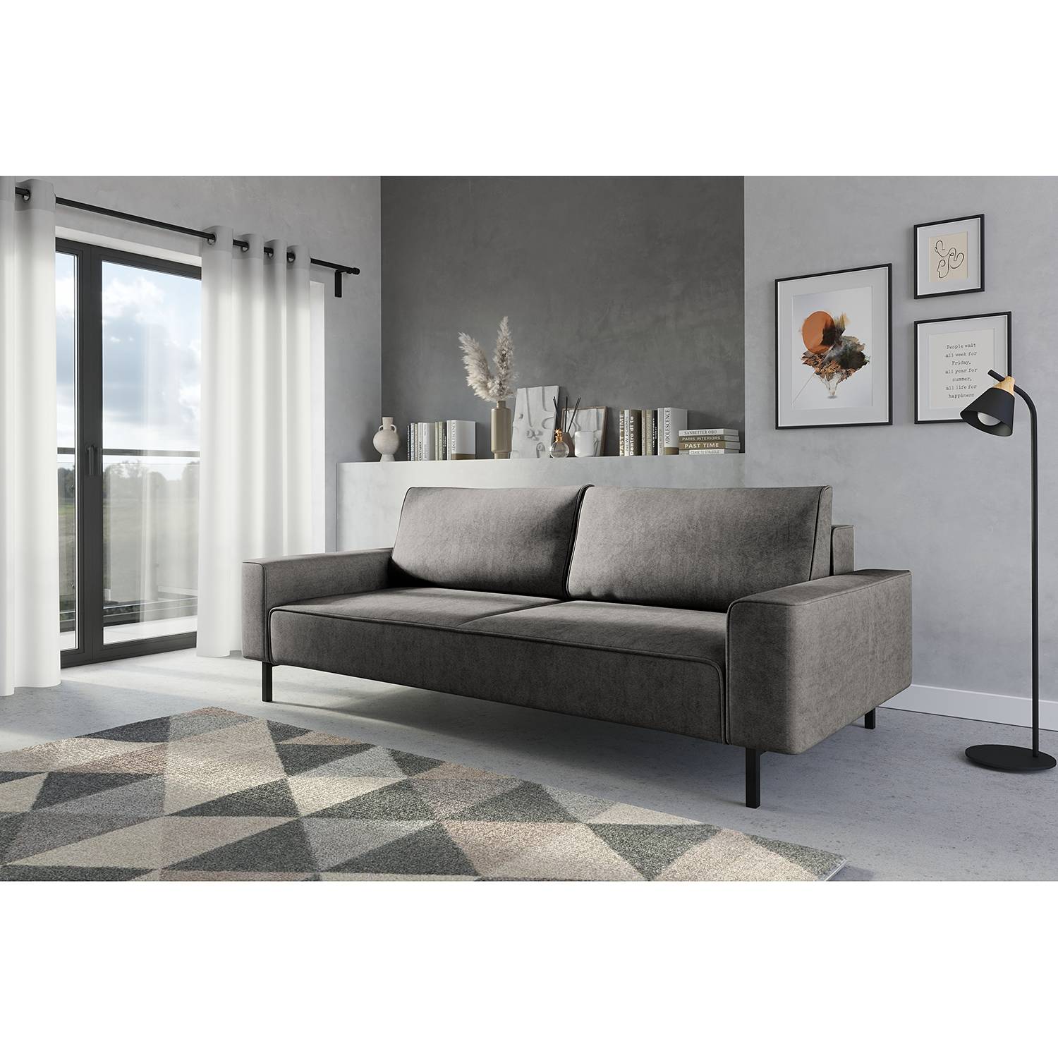 home24 Norrwood Schlafsofa Tapio I Hellgrau Samt 238x83x110 cm mit Schlaffunktion