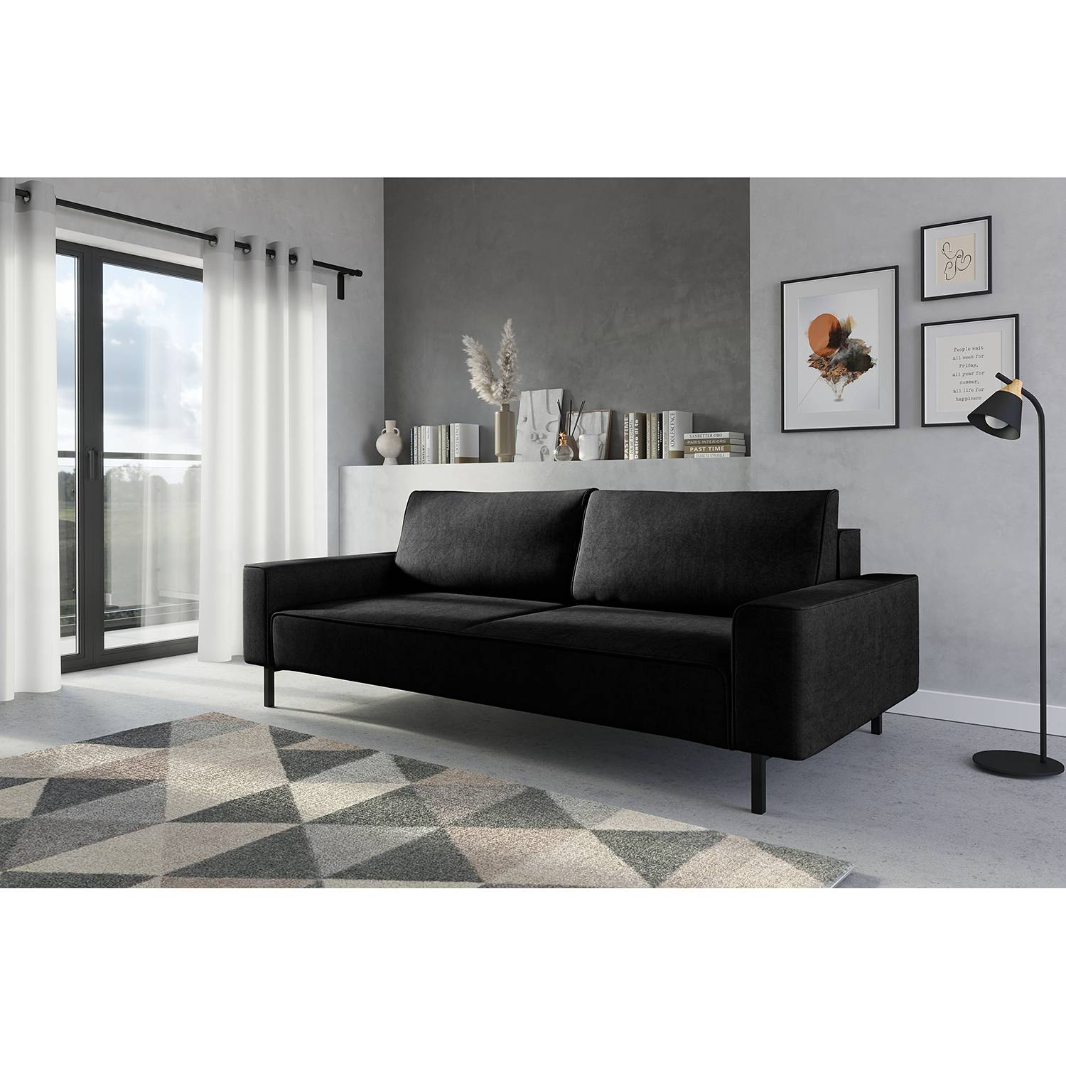home24 Norrwood Schlafsofa Tapio I Schwarz Samt 238x83x110 cm mit Schlaffunktion