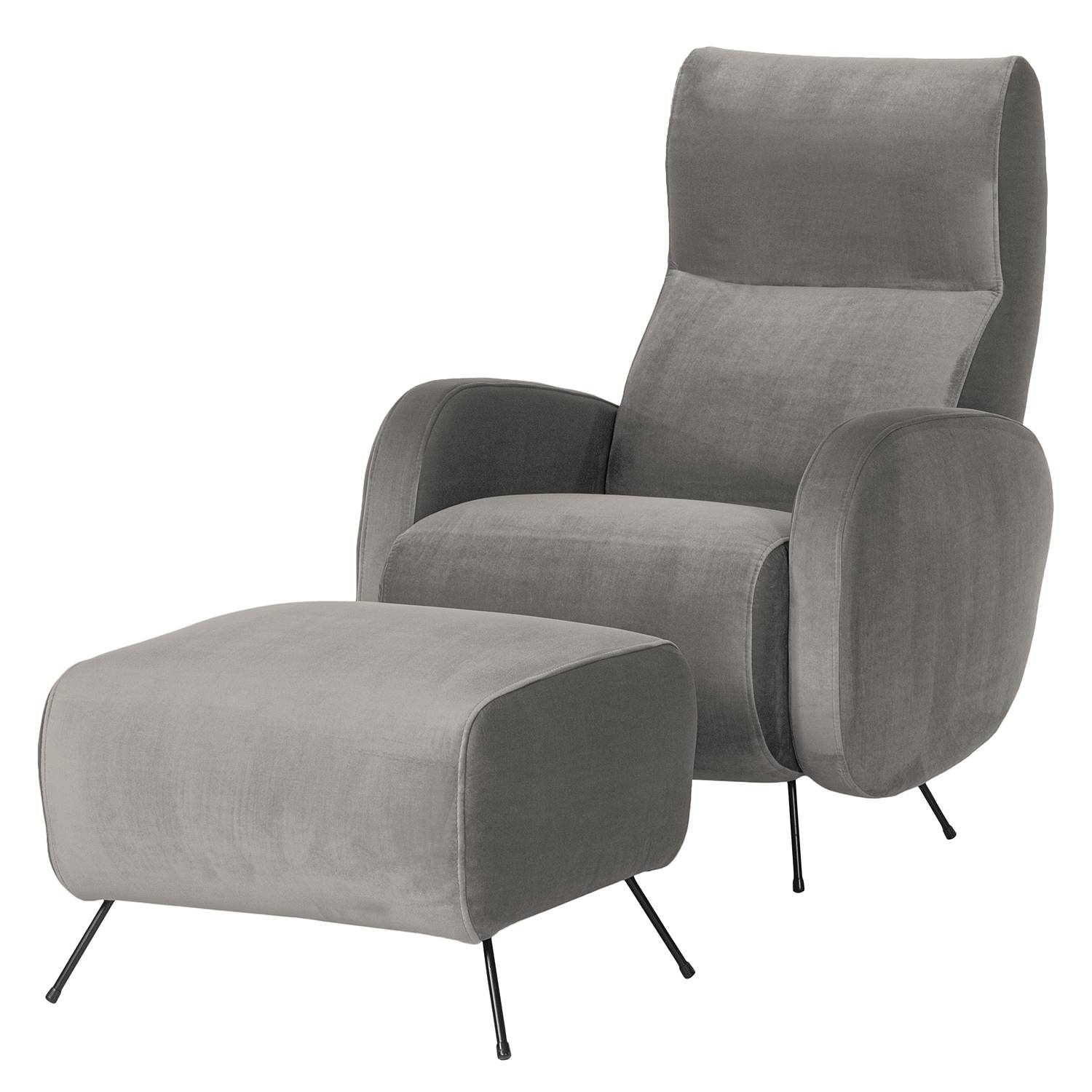 home24 Norrwood Sessel Vains I Hellgrau Samt mit Hocker 78x104x93 cm (BxHxT)