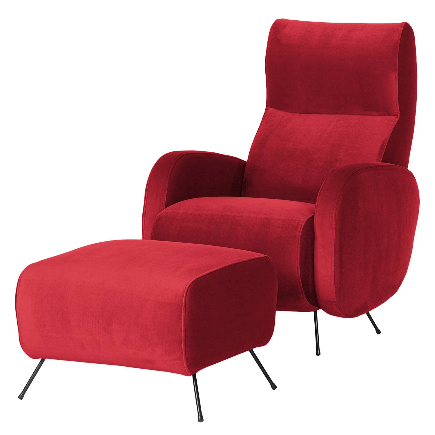 home24 Norrwood Sessel Vains I Rot Samt mit Hocker 78x104x93 cm (BxHxT)