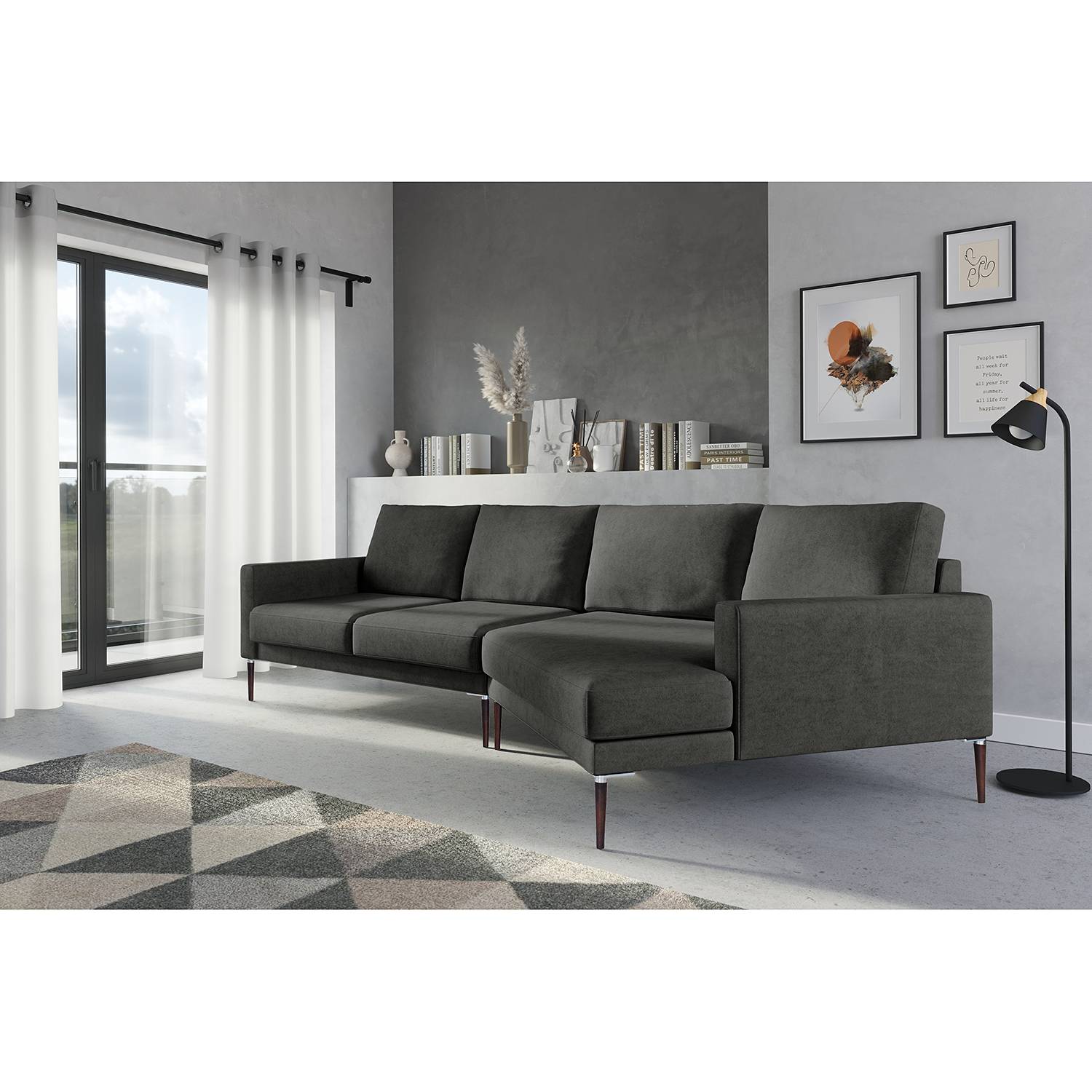 home24 Norrwood Ecksofa Sauvo I Dunkelgrau Samt 295x83x118 cm