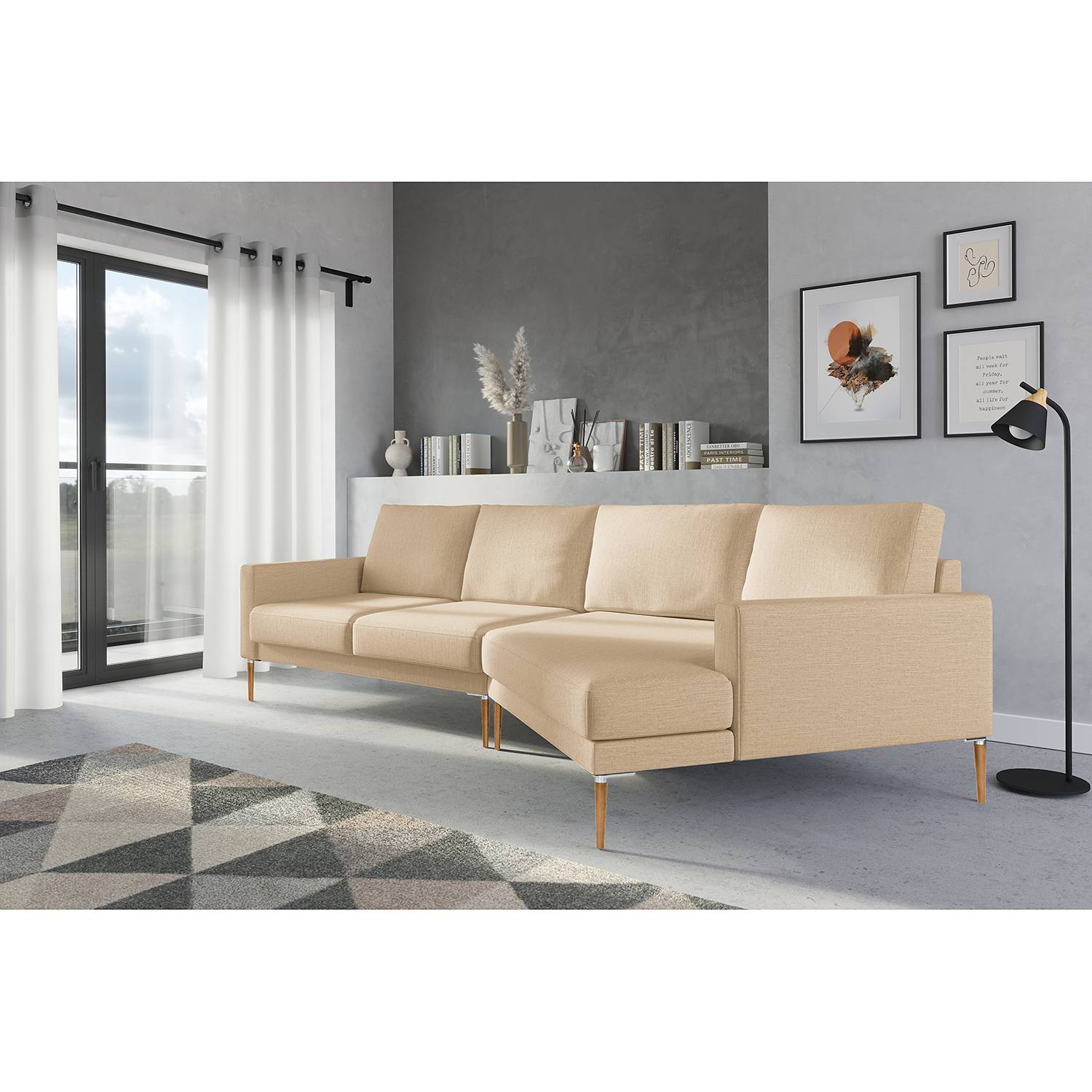 home24 Norrwood Ecksofa Sauvo II Beige Webstoff 295x83x118 cm