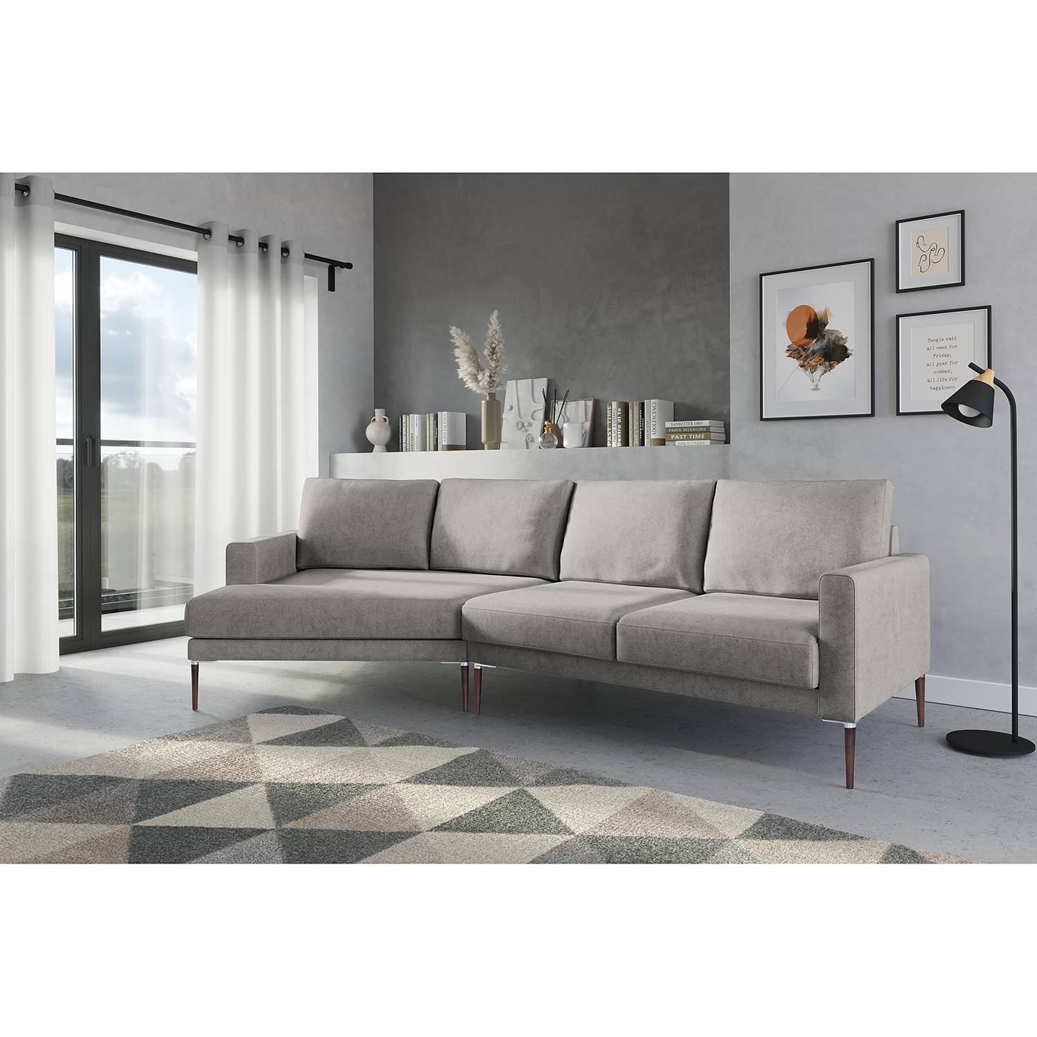 home24 Norrwood Ecksofa Sauvo I Hellgrau Samt 295x83x118 cm