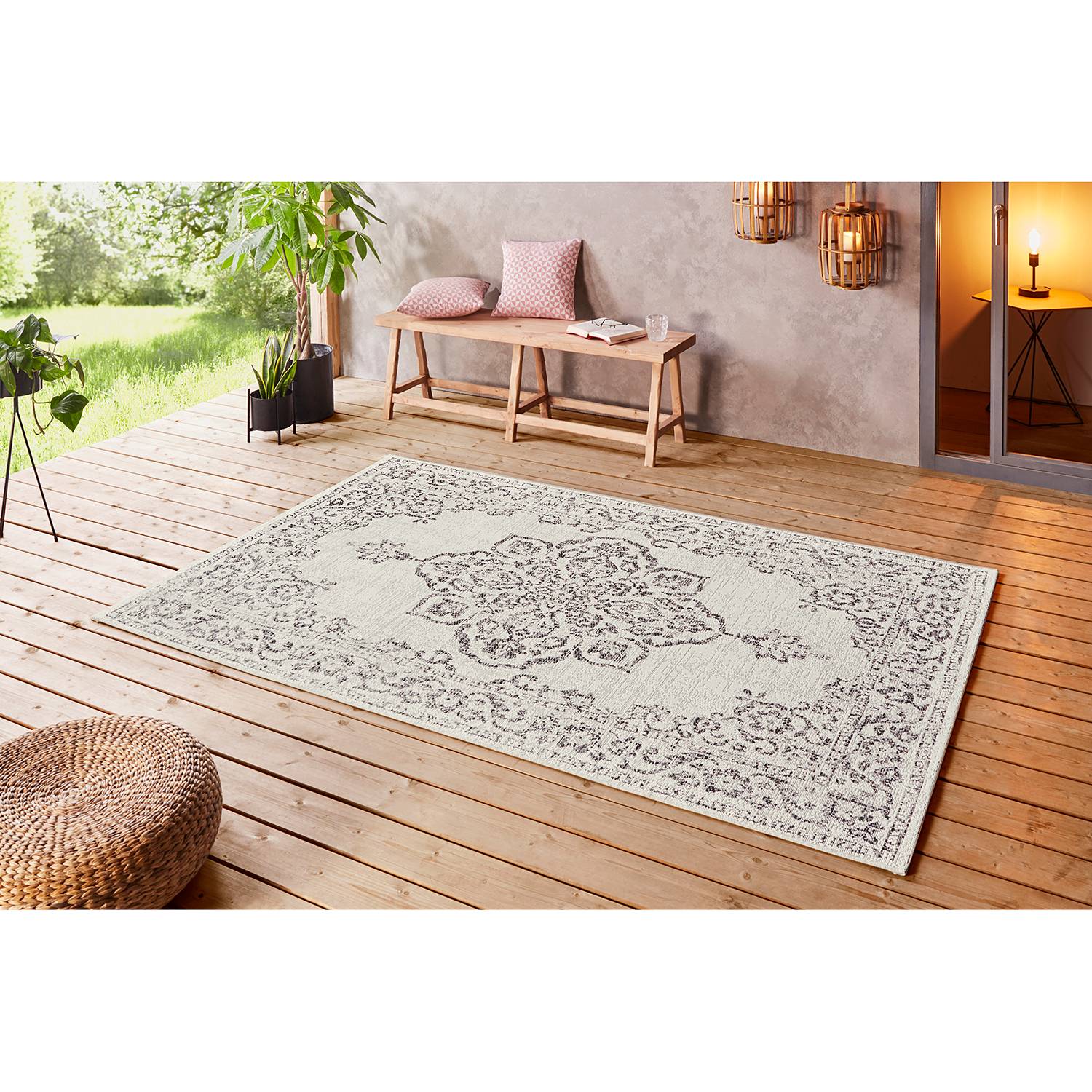 home24 Bougari Outdoorteppich Tilos Creme/Anthrazit Rechteckig 80x150 cm (BxT) Orientalisches Design Kunstfaser