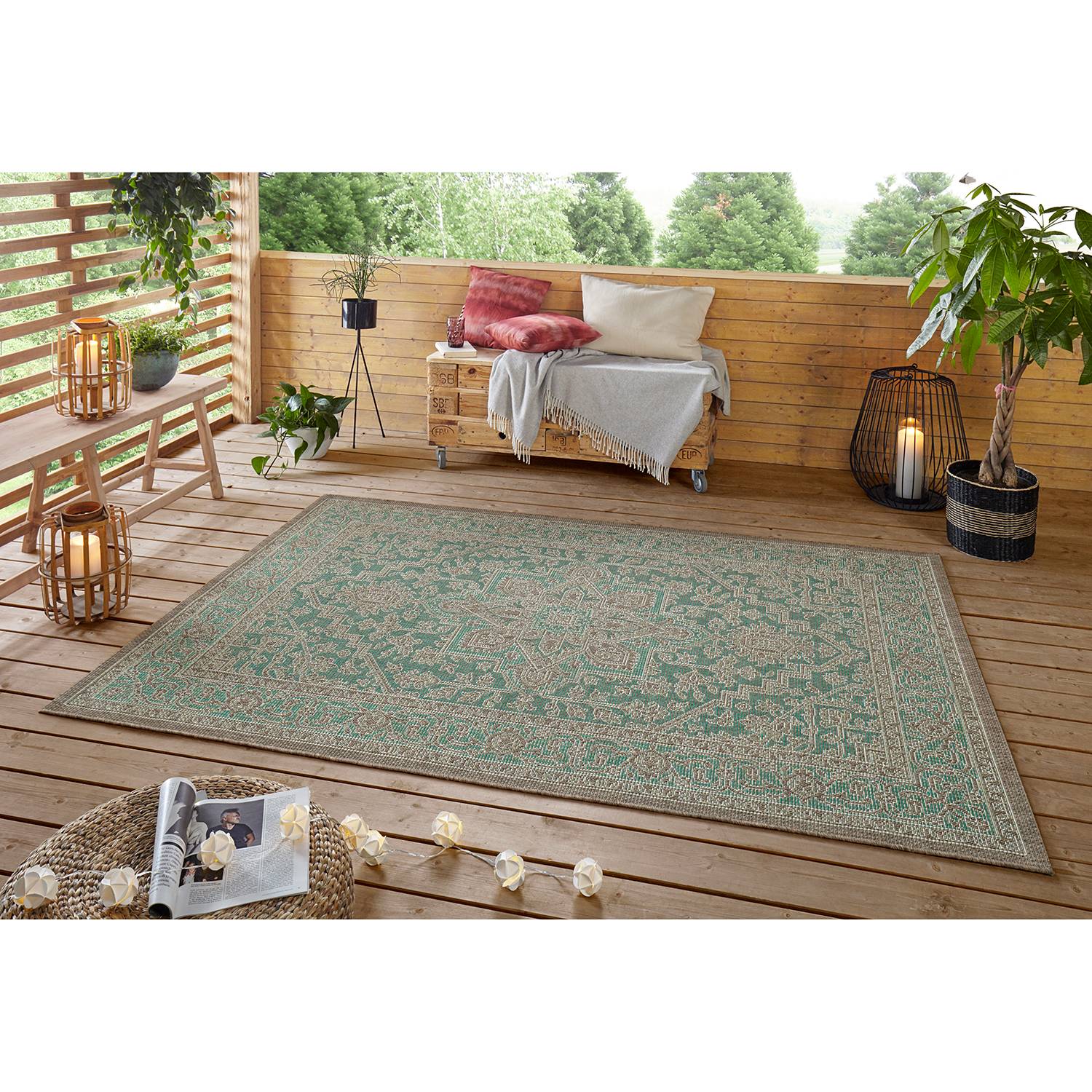 home24 Bougari Outdoorteppich Anjara Hellbraun/Grün Rechteckig 200x290 cm (BxT) Orientalisches Design Kunstfaser