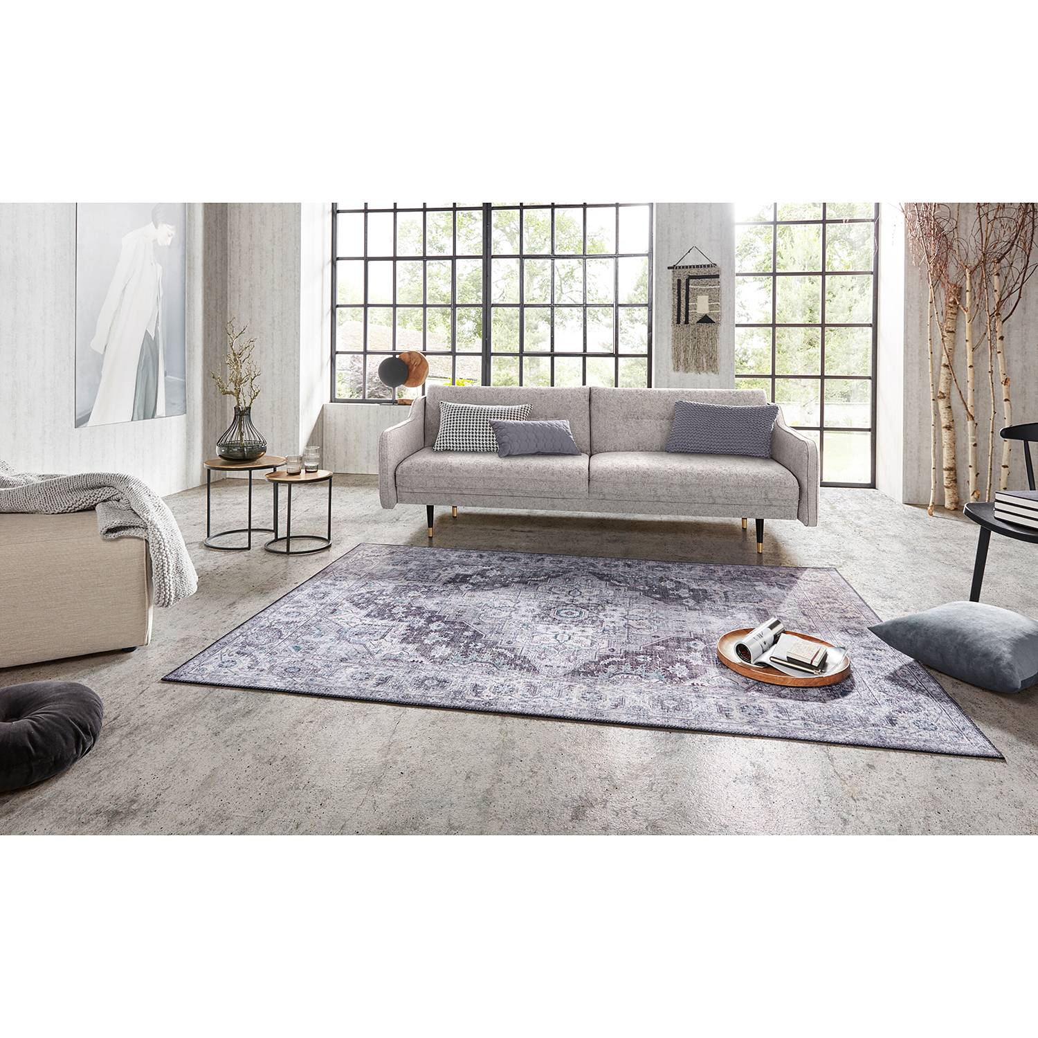 home24 Nouristan Kurzflorteppich Sylla Steingrau Rechteckig 80x150 cm (BxT) Vintage Design Webstoff