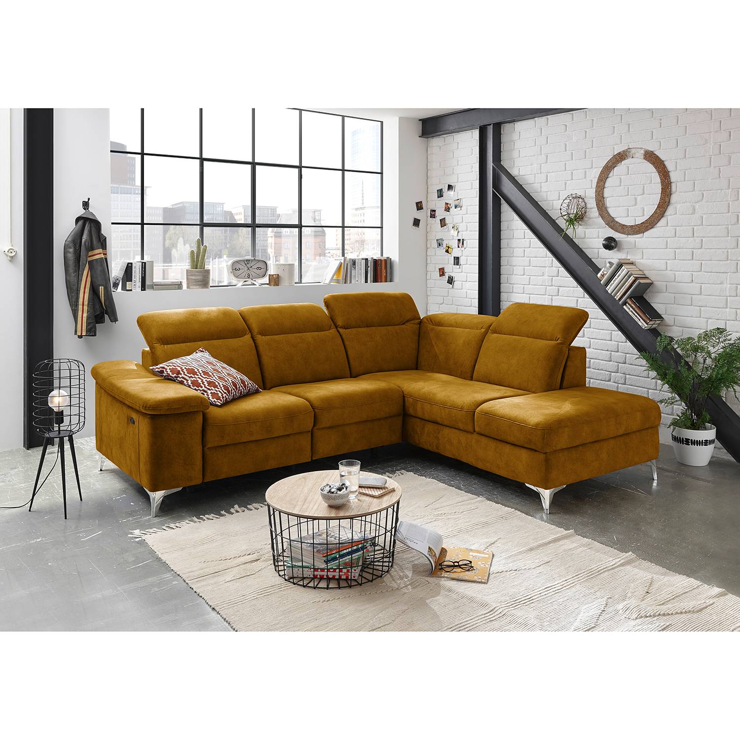home24 Fredriks Ecksofa Tolar Olivgelb Microfaser 258x83x220 cm